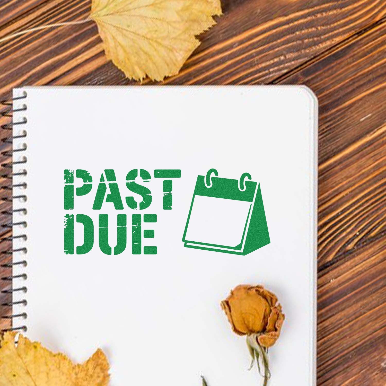Past due rubber stamp design with calendar icon on notebook, ideal for deadline reminders and office warning stamps.