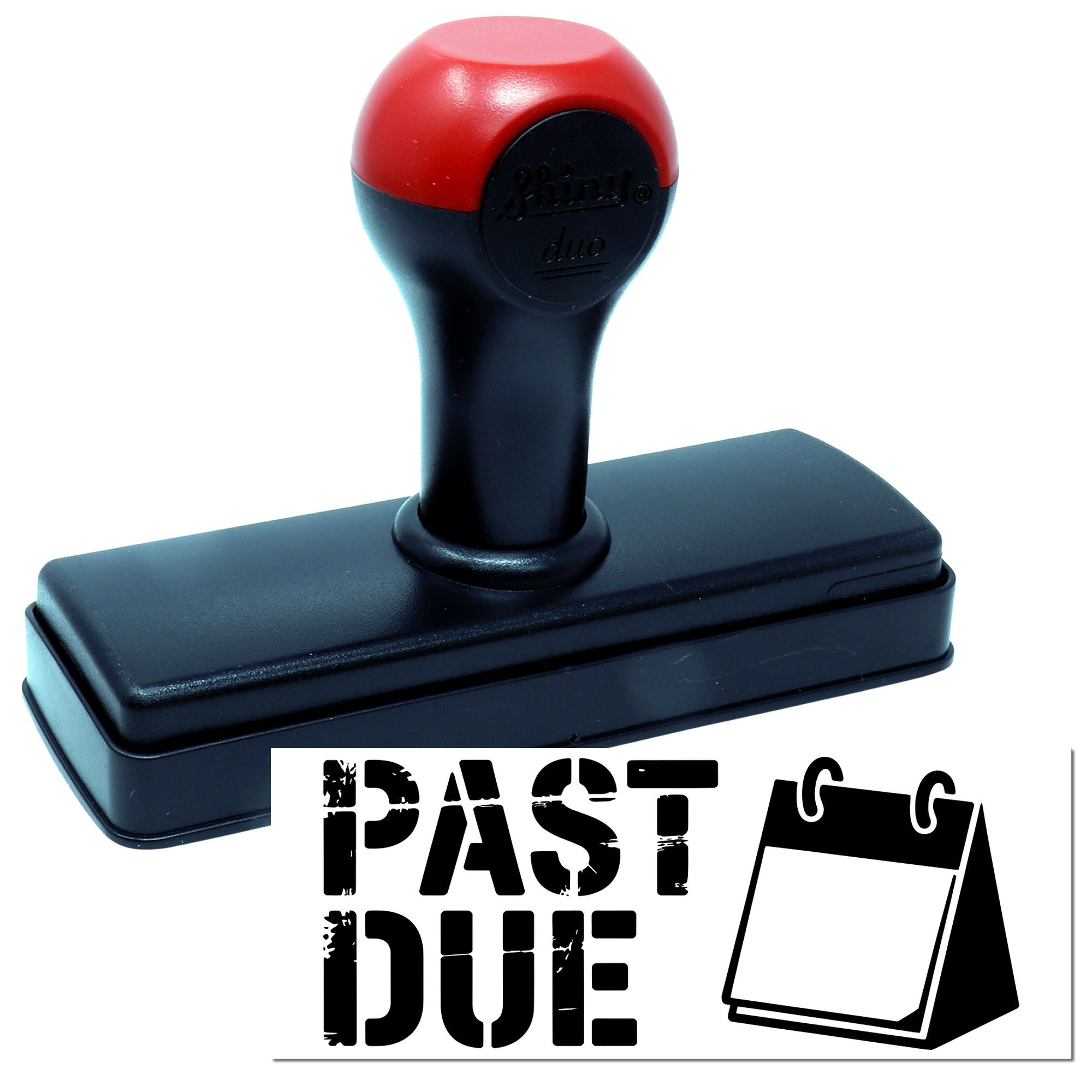 Self-inking rubber stamp with PAST DUE imprint for marking overdue invoices and accounts receivable paperwork.