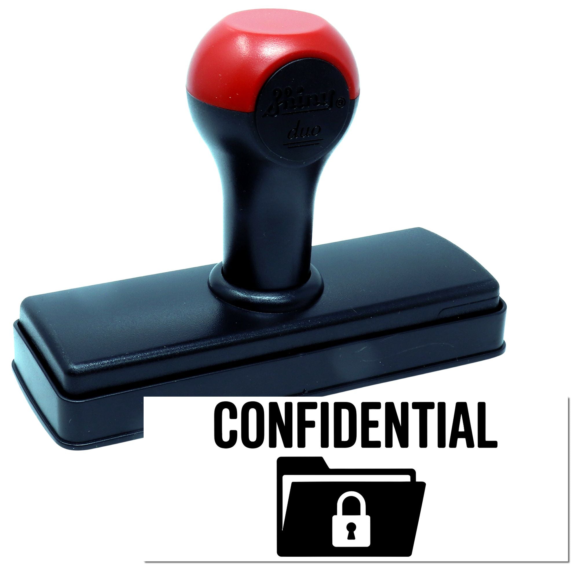Confidential self-inking rubber stamp for marking secure documents and locked file folders.