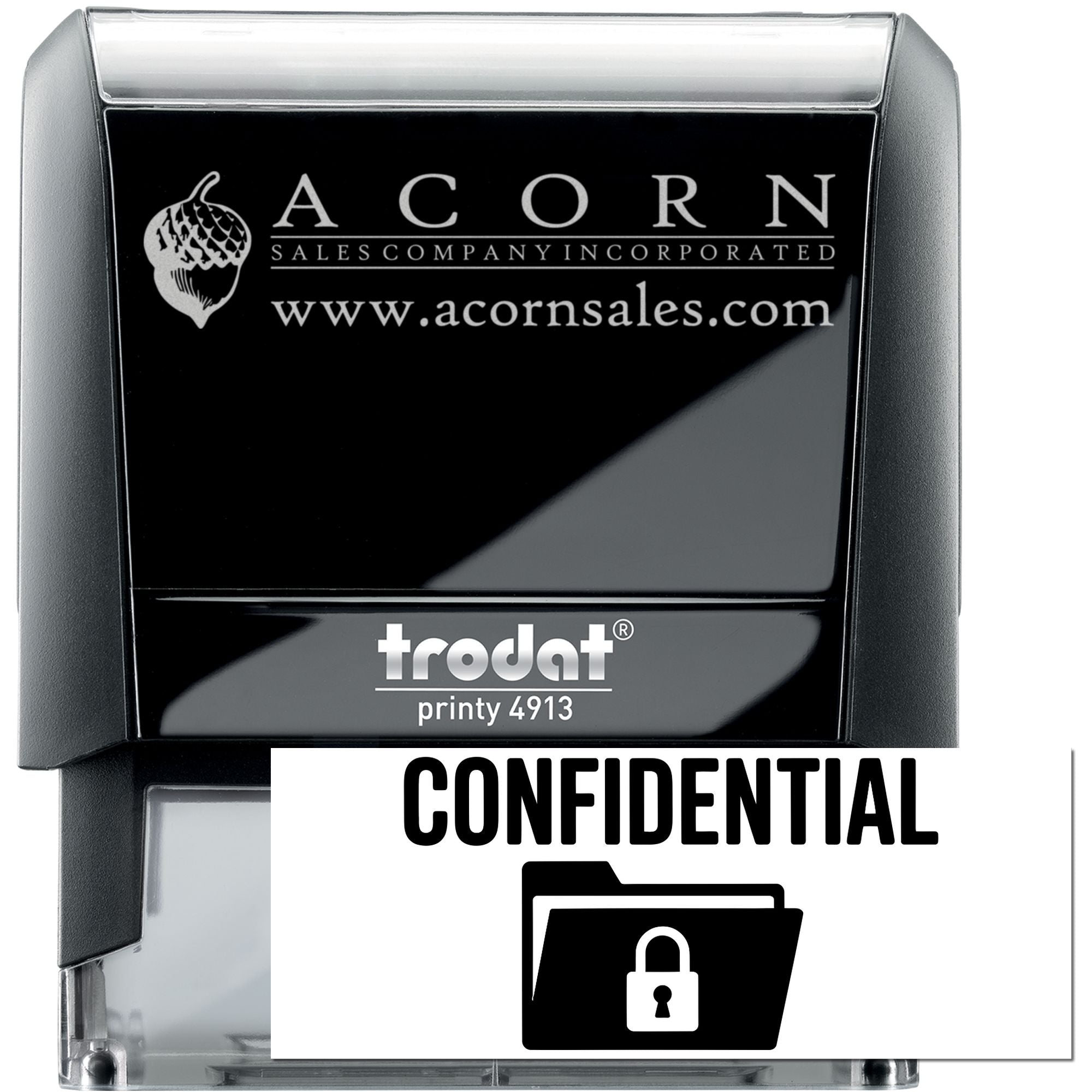 Custom self-inking rubber stamp for Acorn Sales with logo, website, and Confidential folder icon