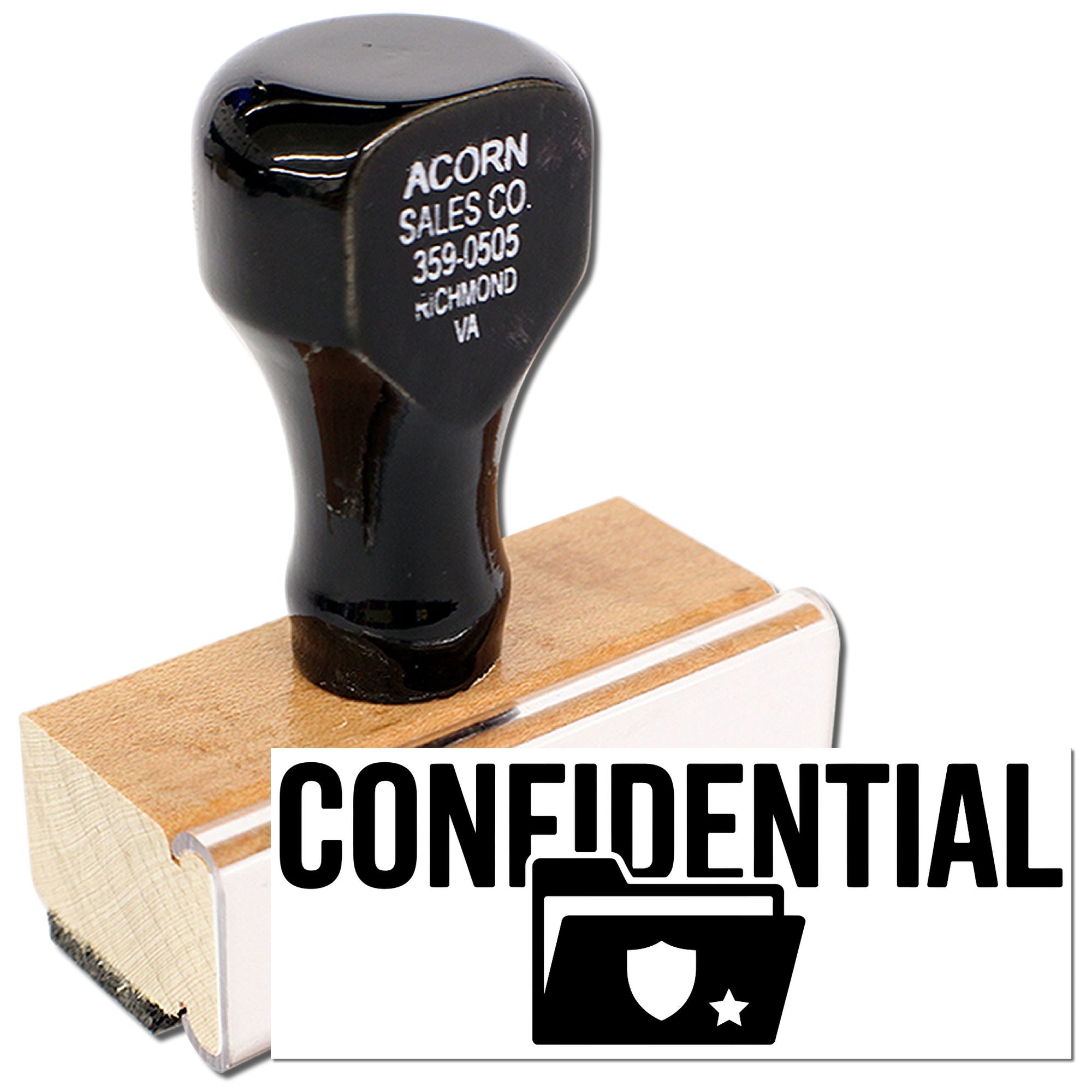 Confidential rubber stamp for private documents, with folder and shield icon on a wooden-handled stamp.