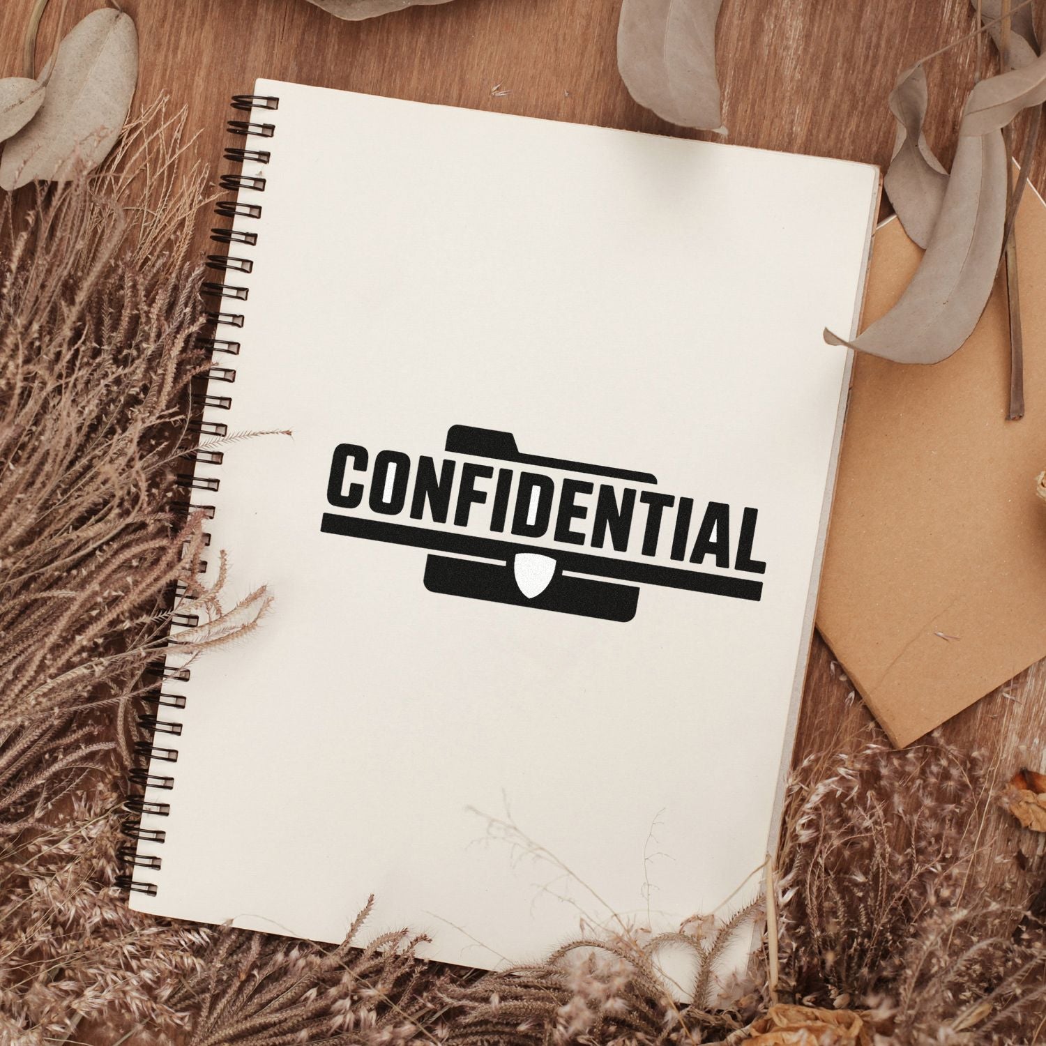 Confidential rubber stamp impression on notebook, ideal for document security, office filing, and records management.