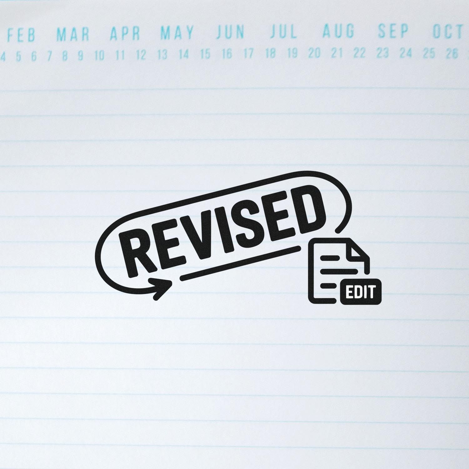 Revised rubber stamp with edit icon for document review, approval, and paperwork updates