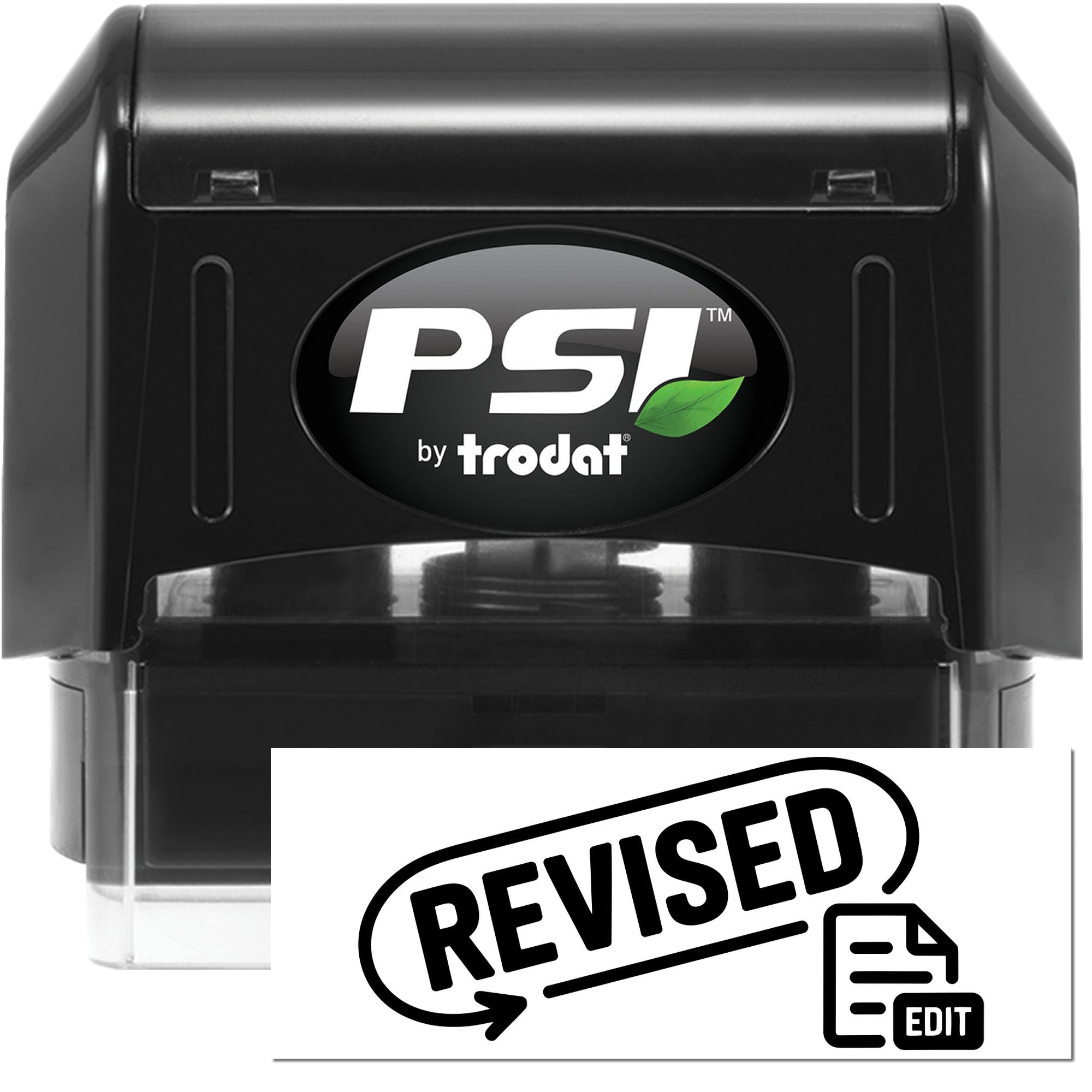 PSI by Trodat self-inking rubber stamp marked REVISED for document review and editing