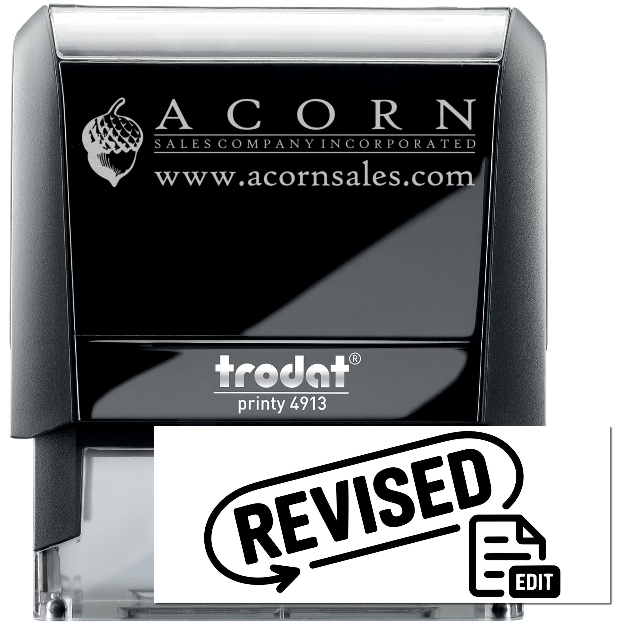 Custom self-inking rubber stamp, Trodat Printy 4913, featuring Acorn Sales Company logo, website, and revised imprint preview.
