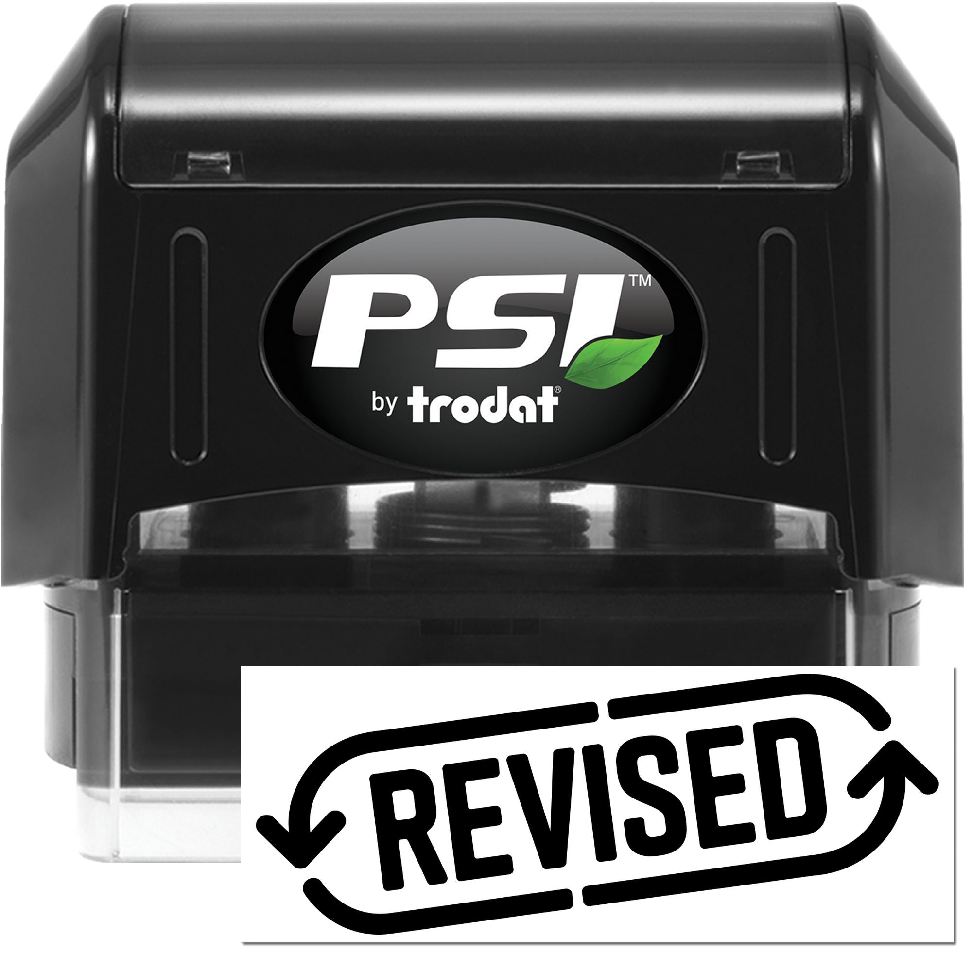 PSI by Trodat self-inking rubber stamp with revised imprint for office document approval and record keeping.