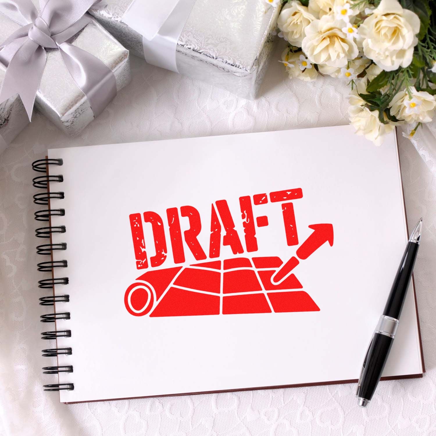 Draft rubber stamp mockup on notebook page, ideal for office document approval, stationery, and branding.