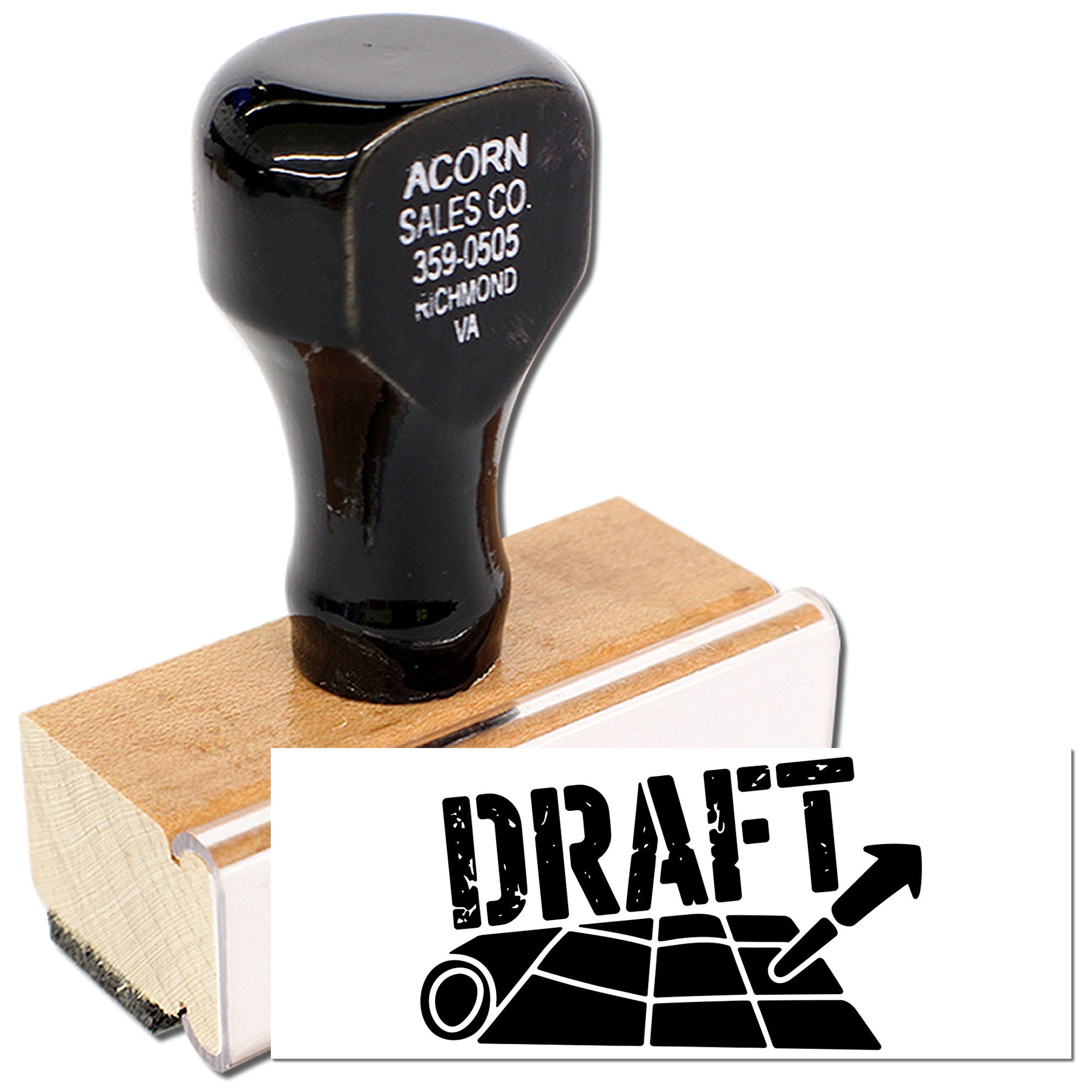 Wooden draft rubber stamp with pencil and blueprint graphic for labeling documents and project plans as draft.