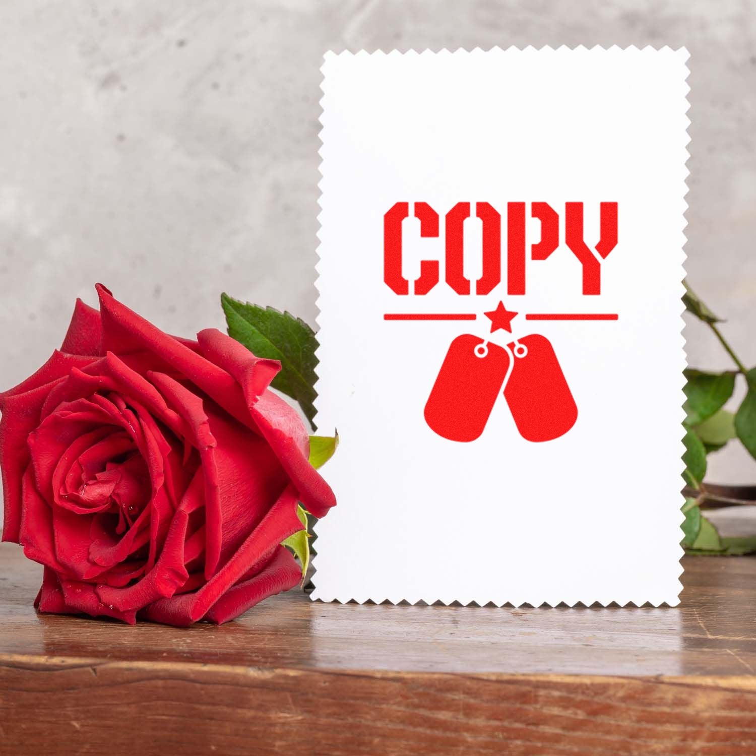Copy rubber stamp with dog tag icon, ideal for marking duplicate documents, drafts, and office paperwork.