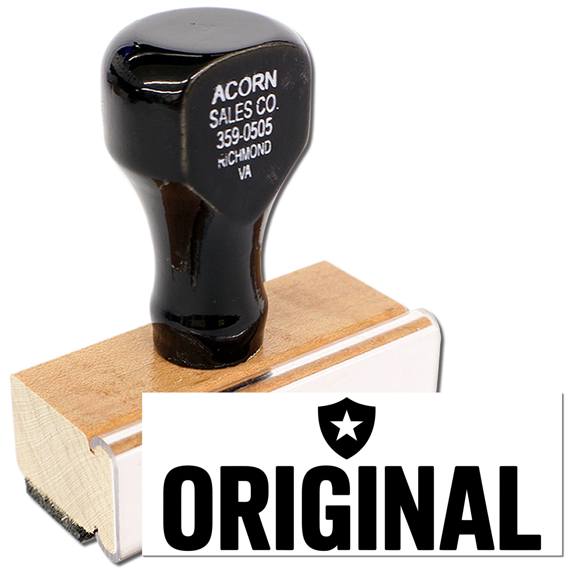 Original custom rubber stamp with Acorn Sales Co. address and logo on a wood handle.