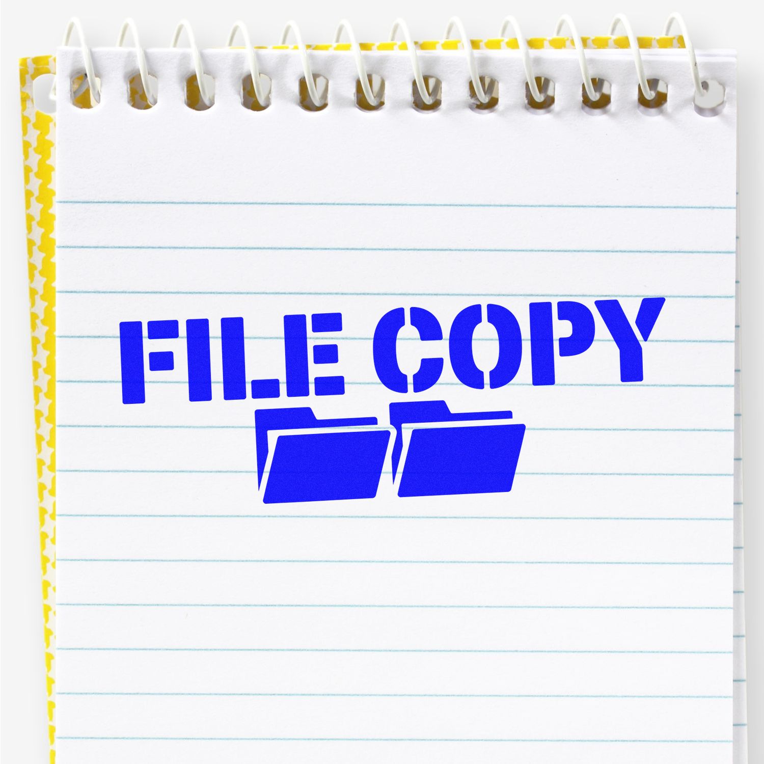 File copy rubber stamp design with folder icon on notepad, ideal for office document processing and duplicate file labeling.