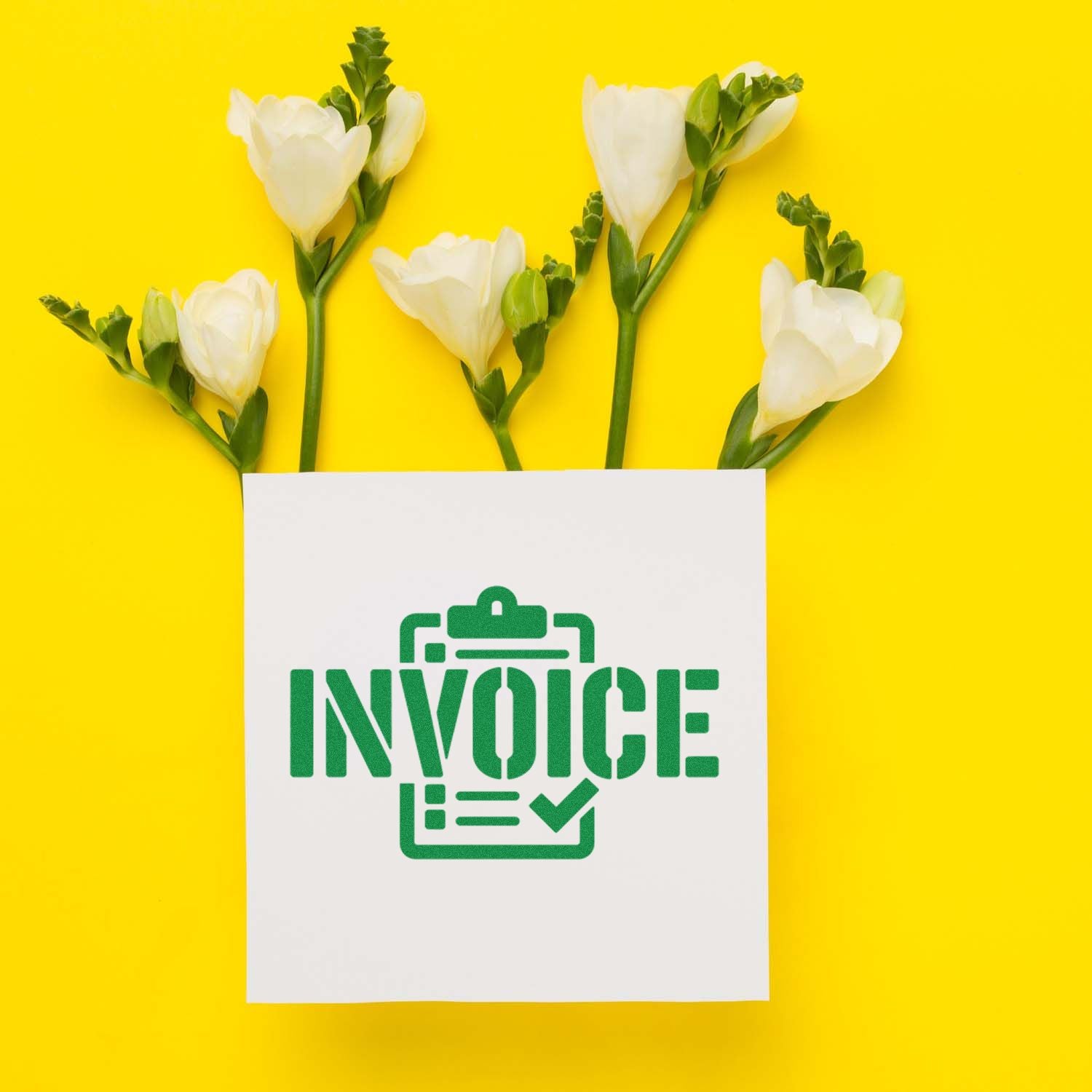 Invoice rubber stamp for billing and bookkeeping, shown on a white sheet with flowers.