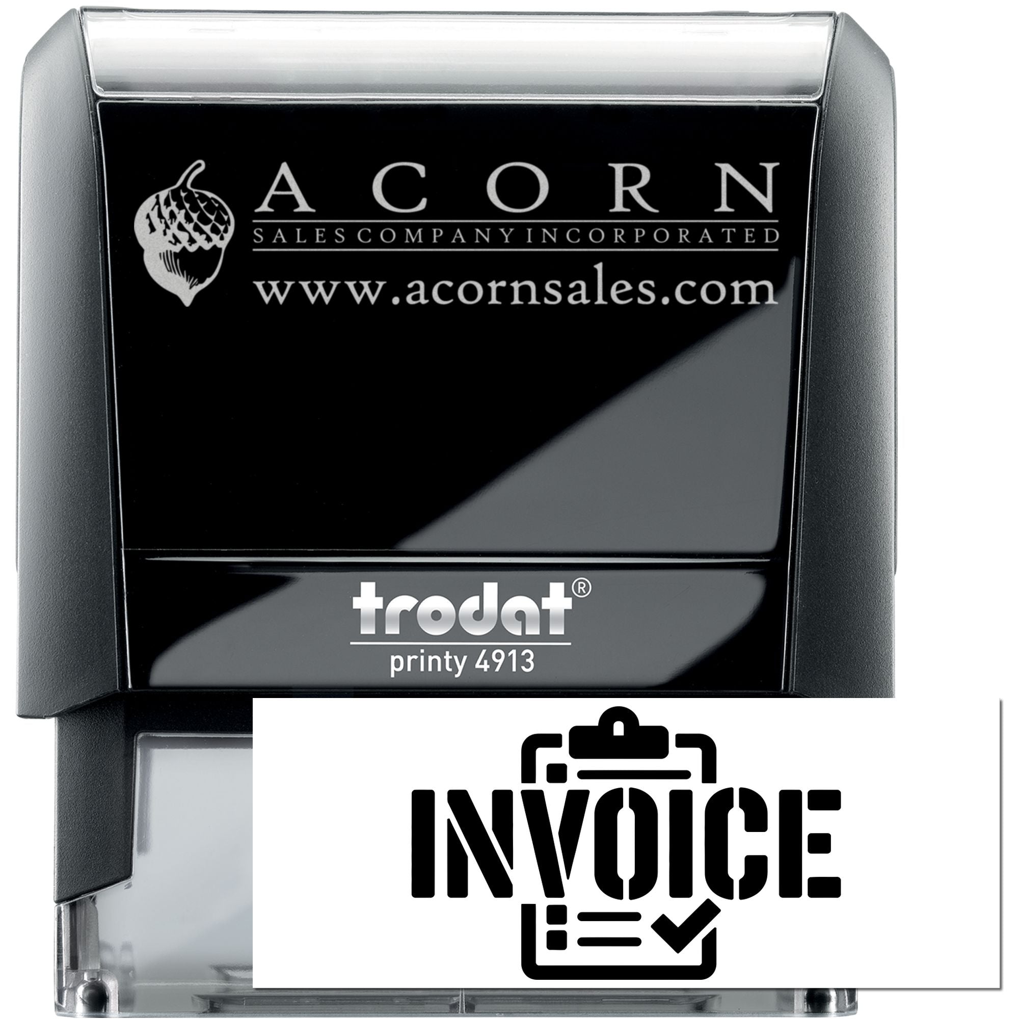 Custom self-inking invoice rubber stamp, Trodat Printy 4913 with Acorn Sales Company logo and website.