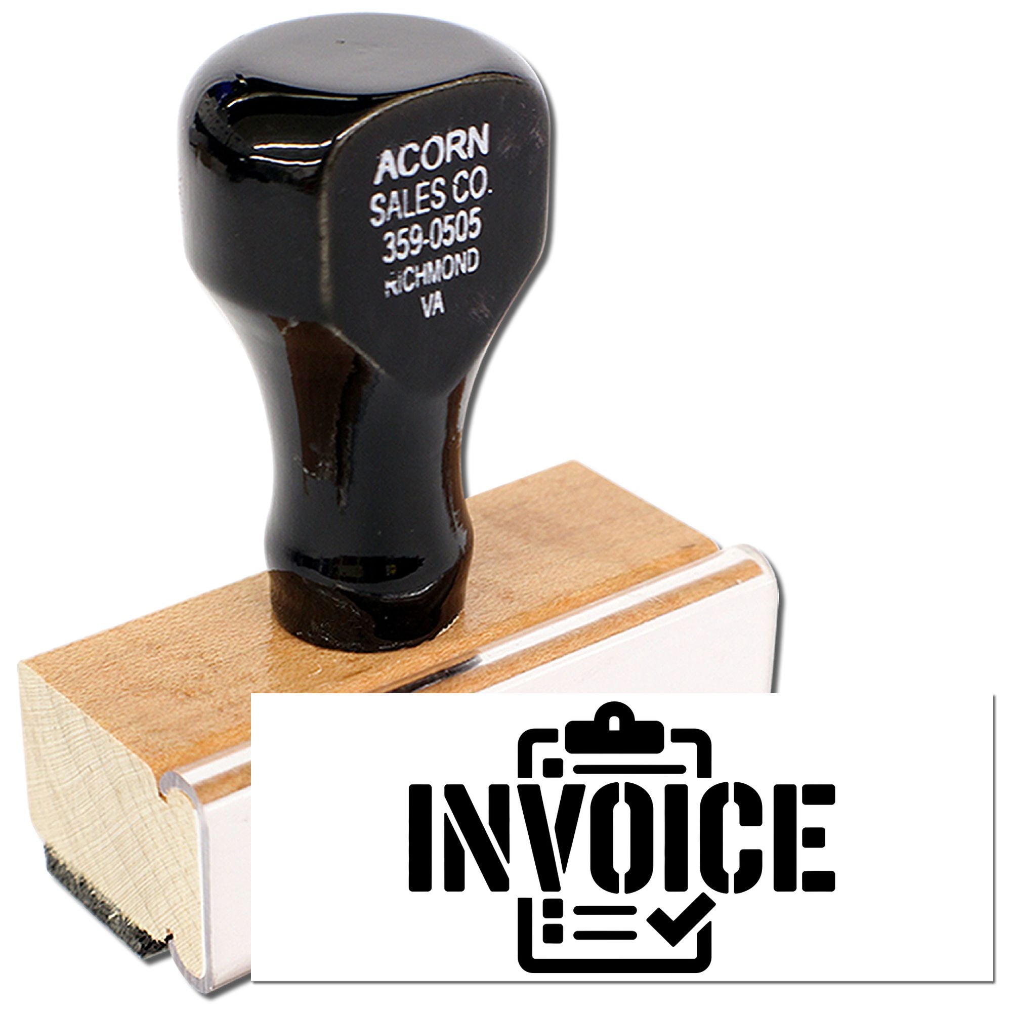 Custom invoice rubber stamp with company name, address, and invoice icon for billing, bookkeeping, and office paperwork.