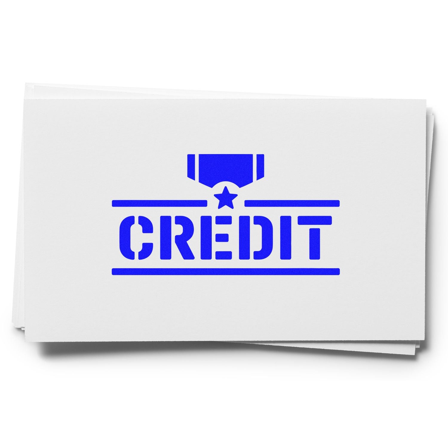 Blue CREDIT rubber stamp impression on paper for accounting, payment processing, and office document labeling.