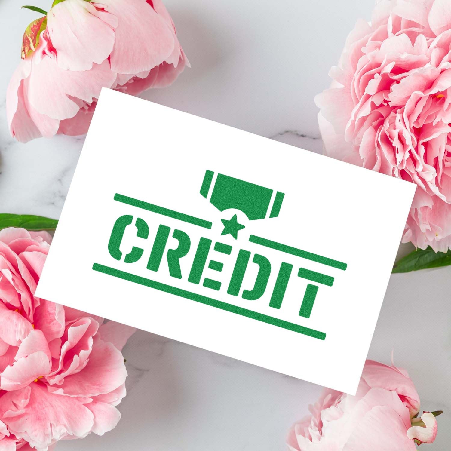 Green CREDIT rubber stamp design on floral background for payment, billing, and bookkeeping use.