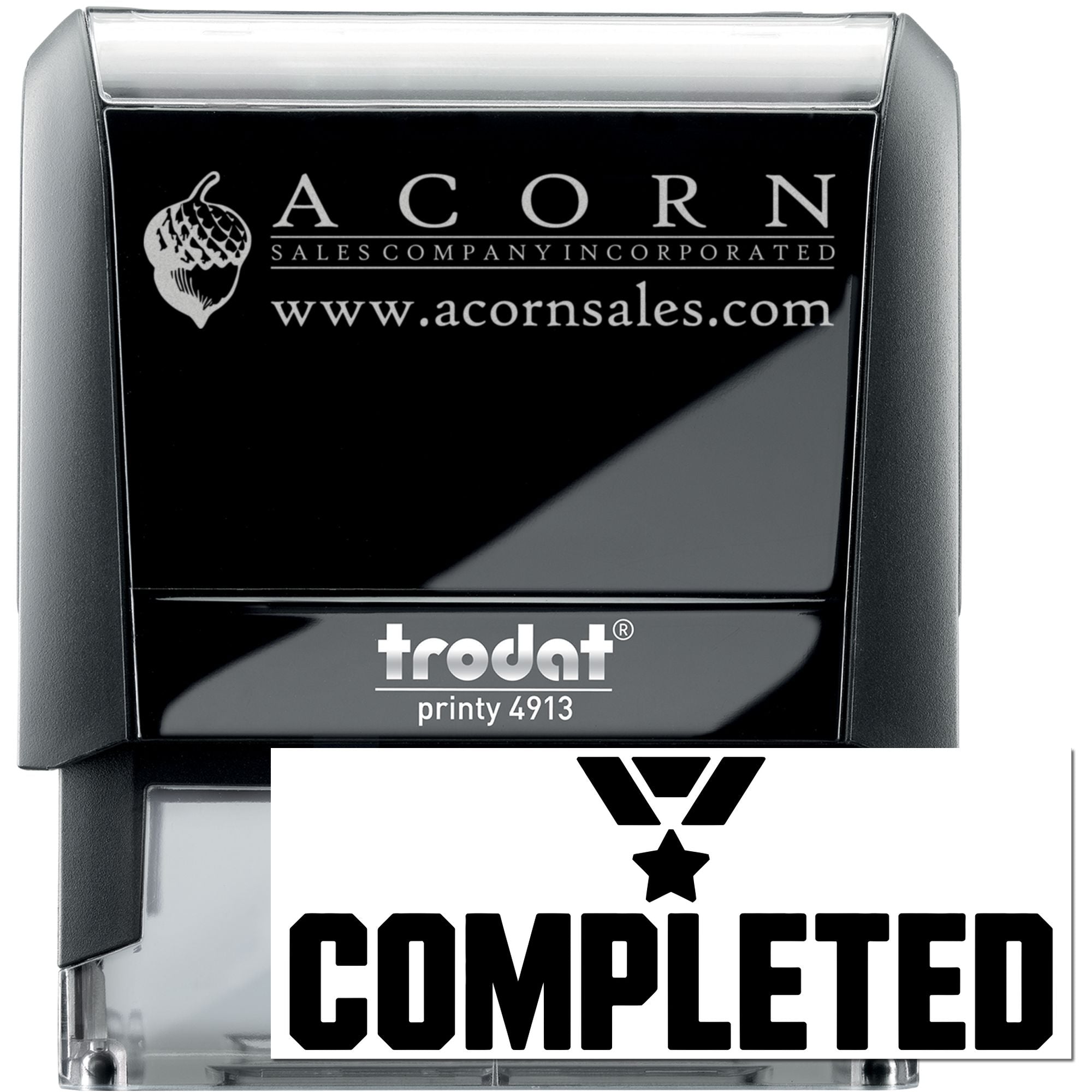 Trodat Printy 4913 custom self-inking rubber stamp with Acorn Sales Company logo, website, and completed imprint preview.