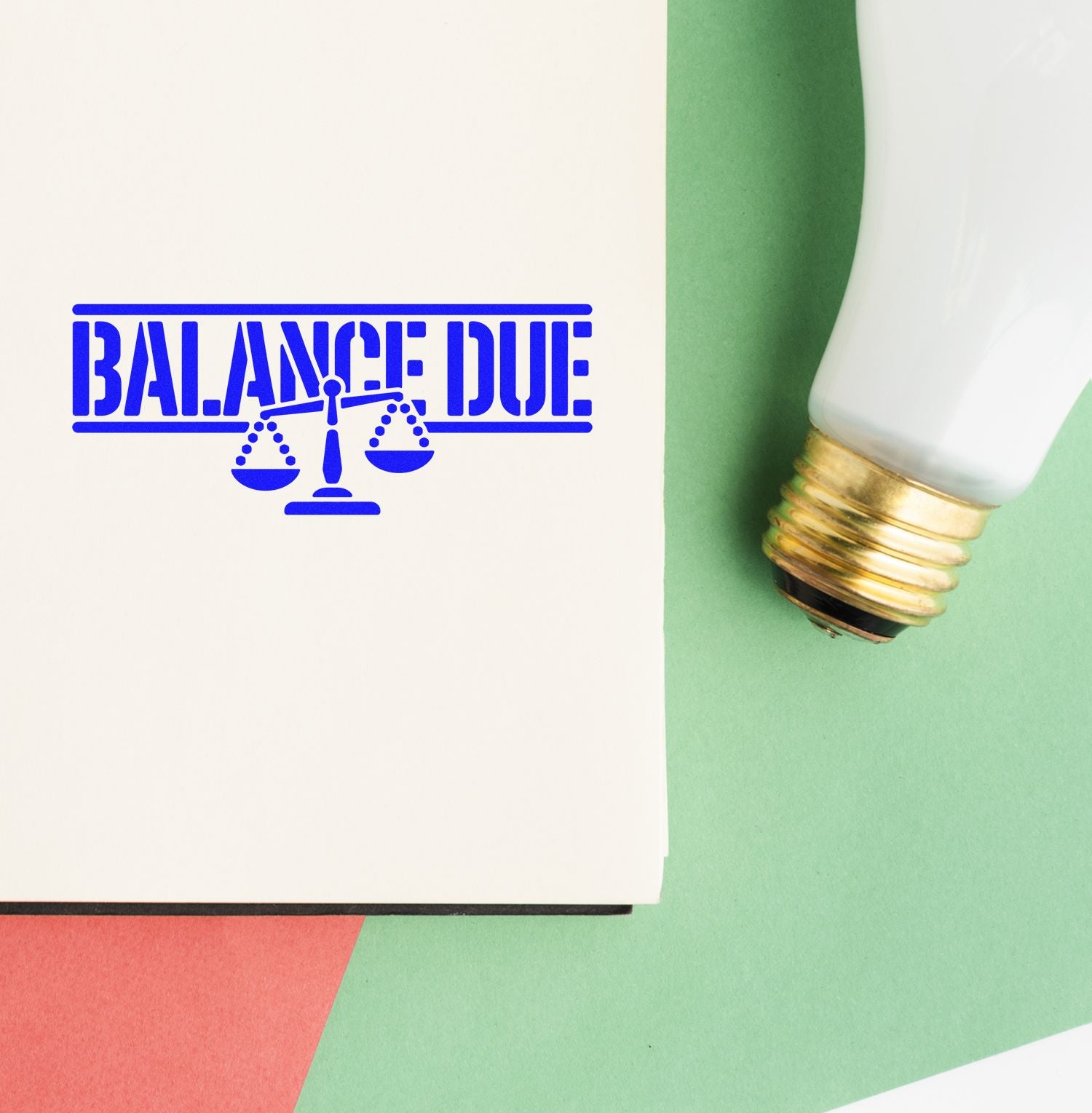 Balance Due rubber stamp impression with stamp tool, used for accounting, billing, and overdue payment notices.