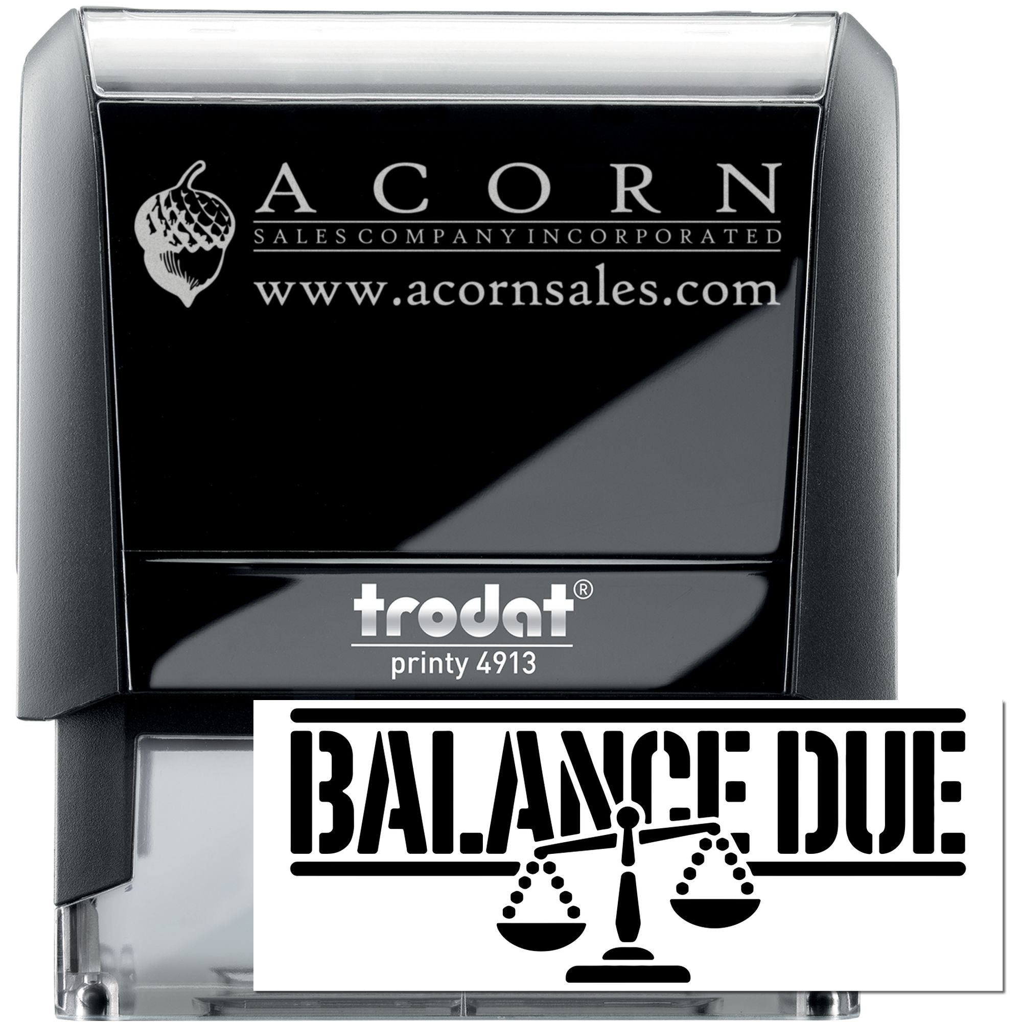 Custom self-inking rubber stamp with Acorn Sales Company logo, website, and Balance Due design for business use