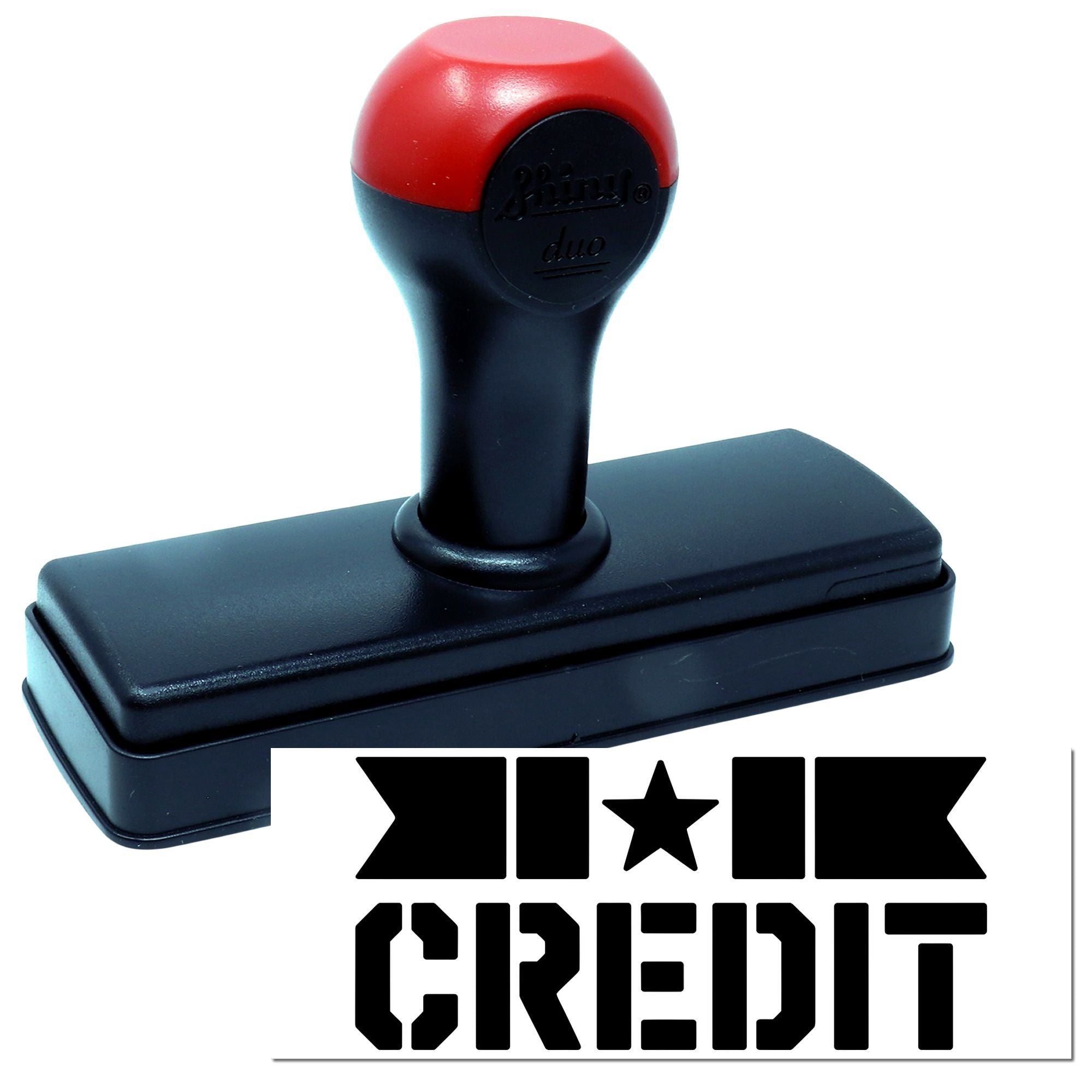 Self-inking rubber stamp with NO CREDIT imprint for billing, accounting, and office document marking.