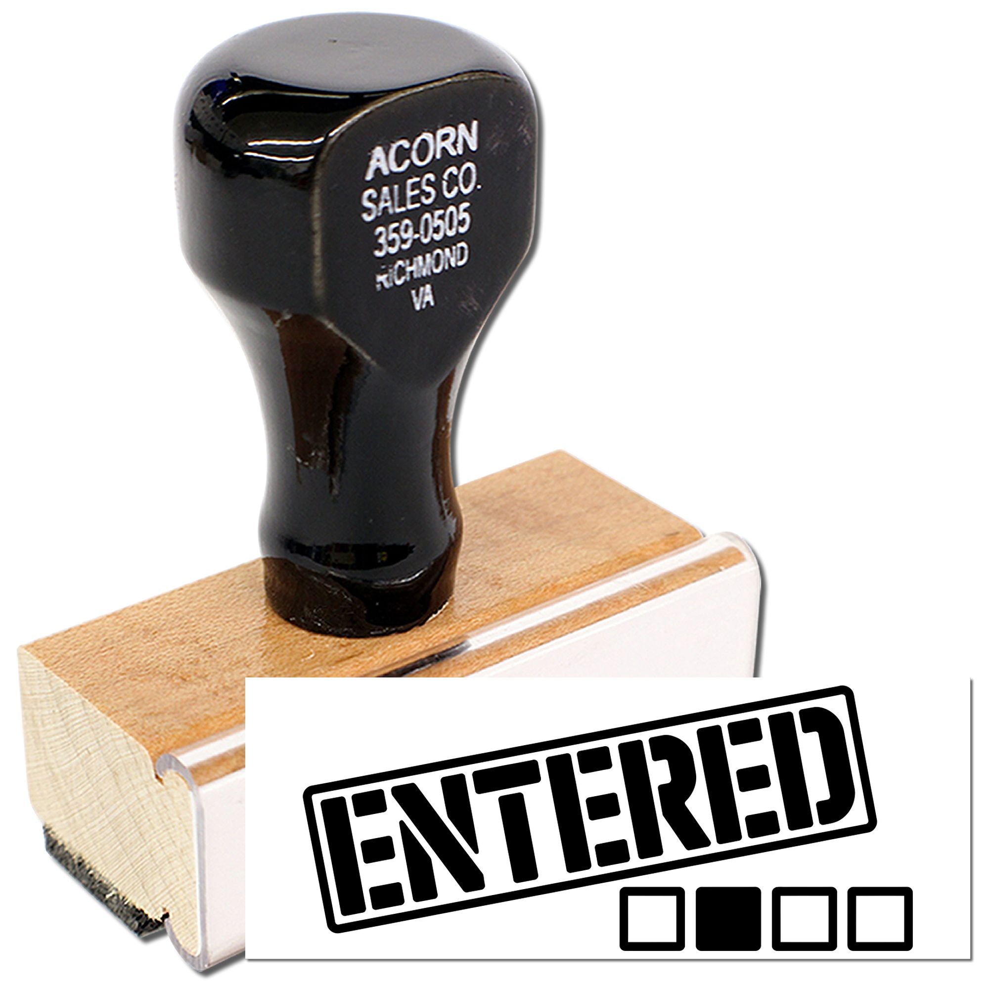 Custom self-inking rubber stamp with Entered imprint for office document processing and record control.
