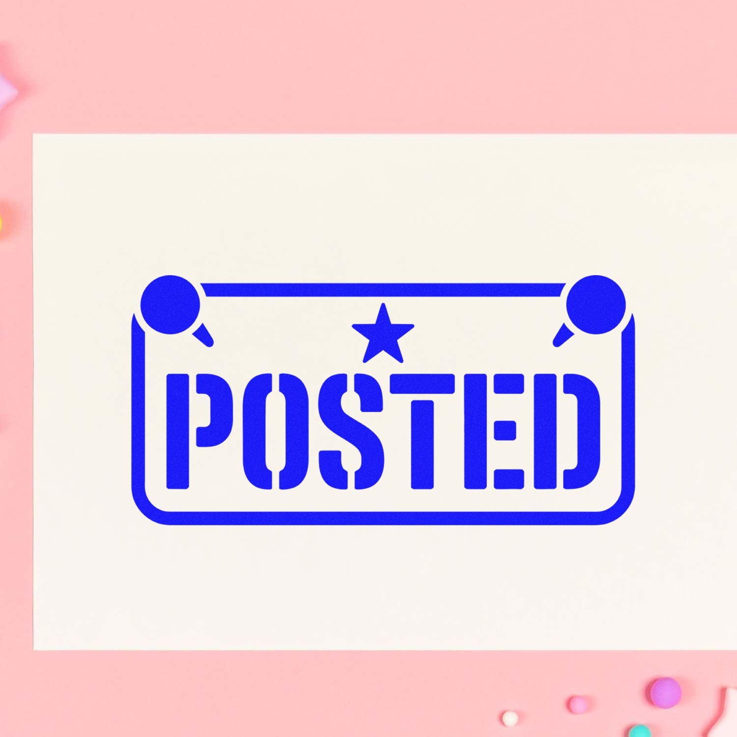 Blue POSTED rubber stamp design on cardstock, ideal for office mail, shipping labels, and approved document marking.