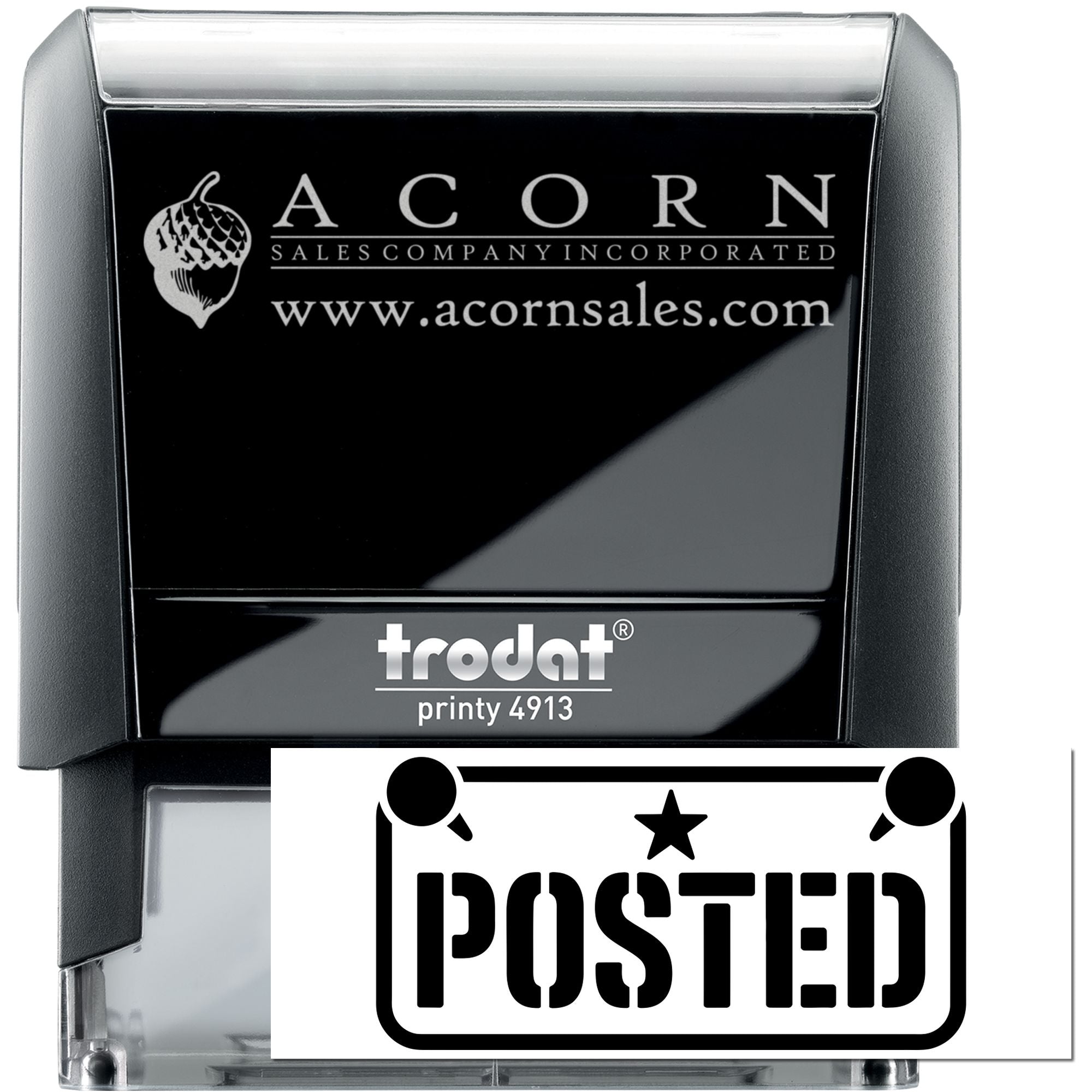 Custom self-inking rubber stamp with Acorn Sales Company logo, website, and Posted imprint on Trodat Printy 4913.