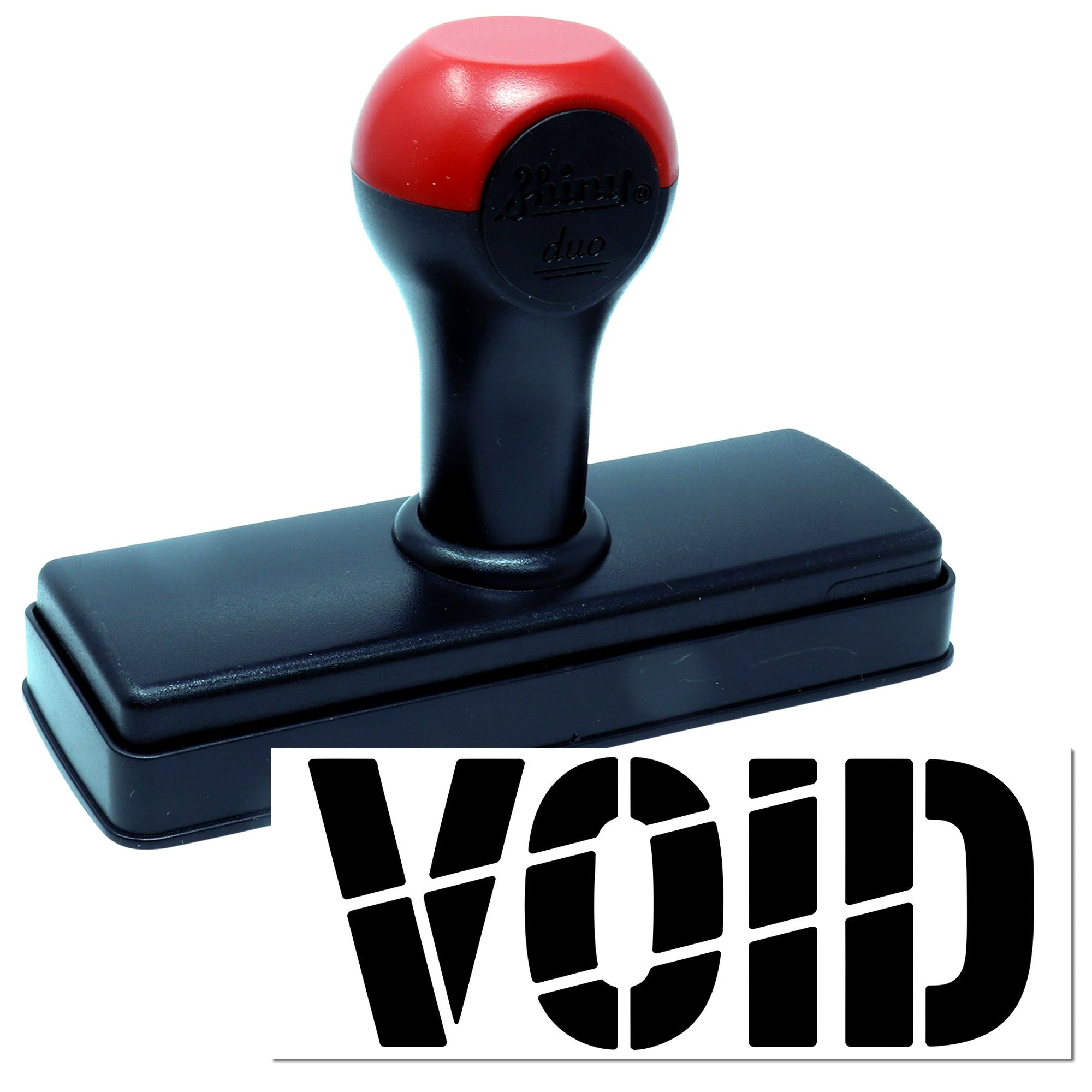 Self-inking VOID rubber stamp with red and black handle for marking documents and invoices as void.