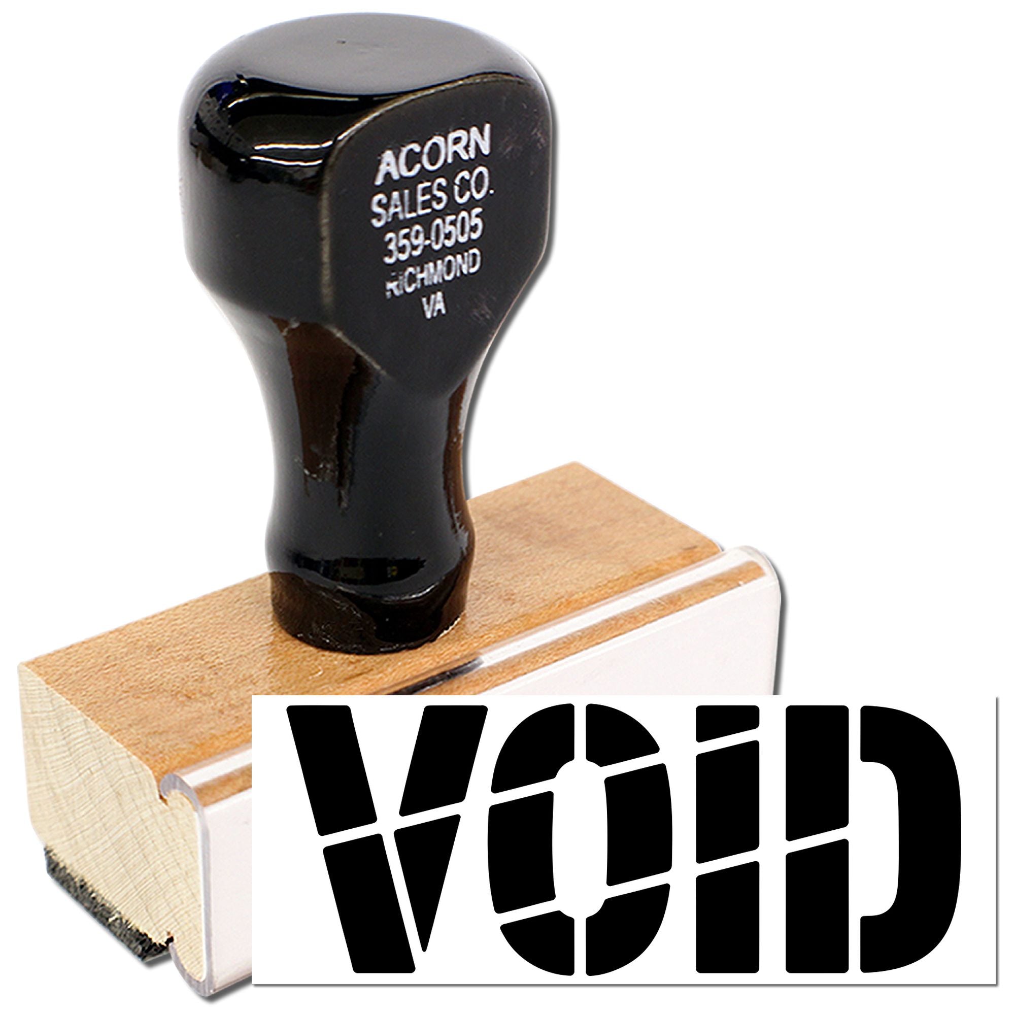 Custom VOID rubber stamp with wooden handle for marking documents canceled or processed.