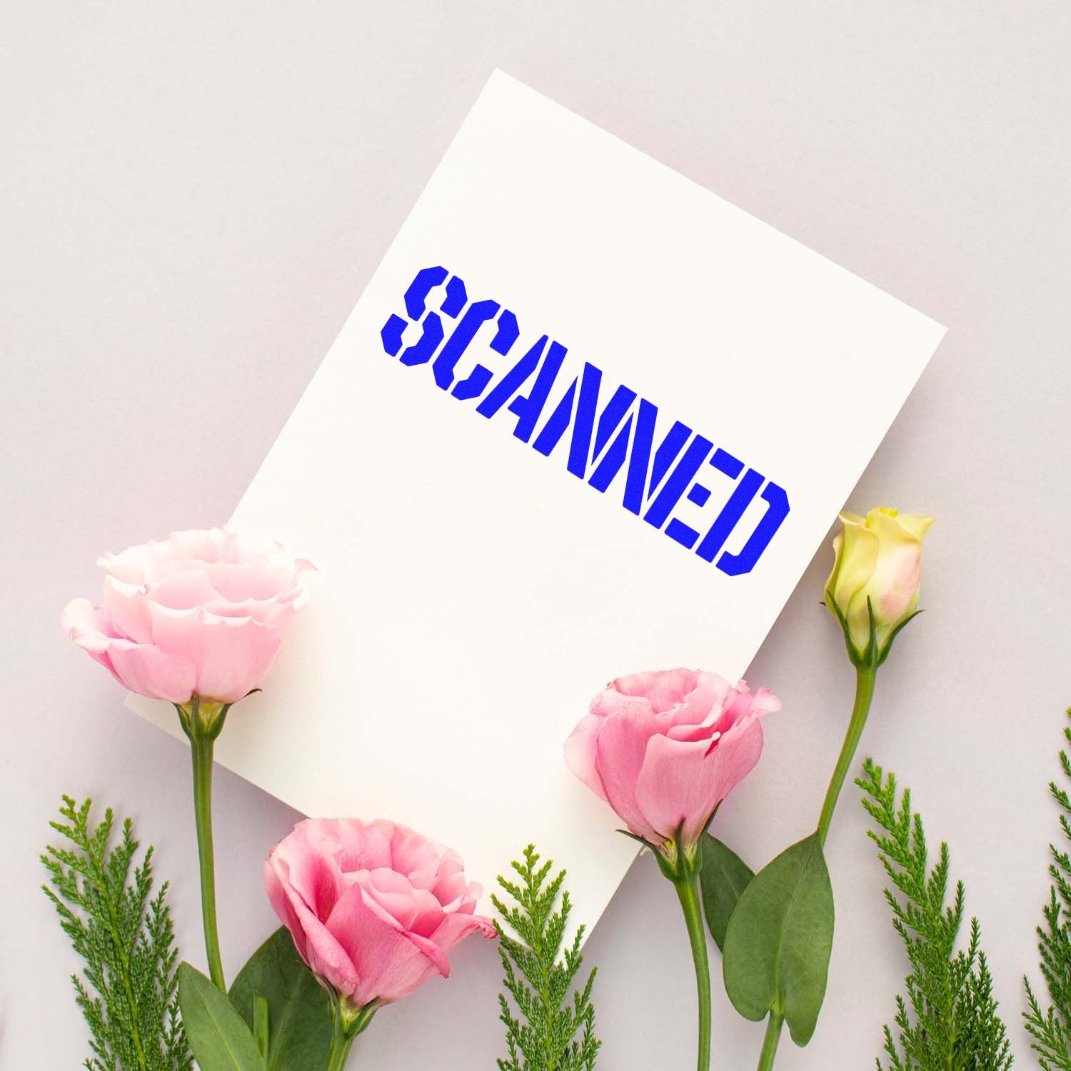 Blue SCANNED rubber stamp impression on white card, floral mockup for document marking