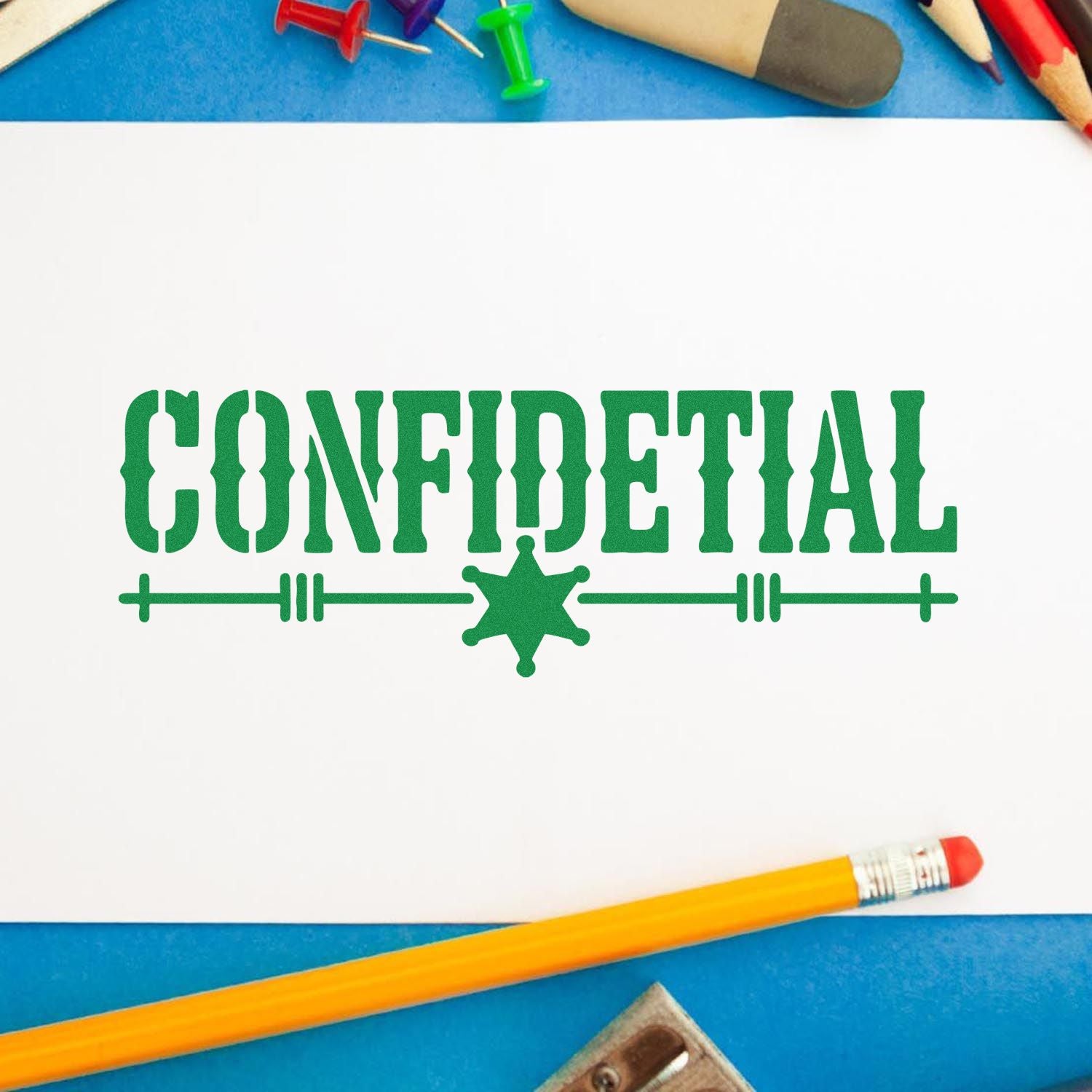 Green CONFIDENTIAL rubber stamp impression on paper, ideal for custom office security and mailing stamps
