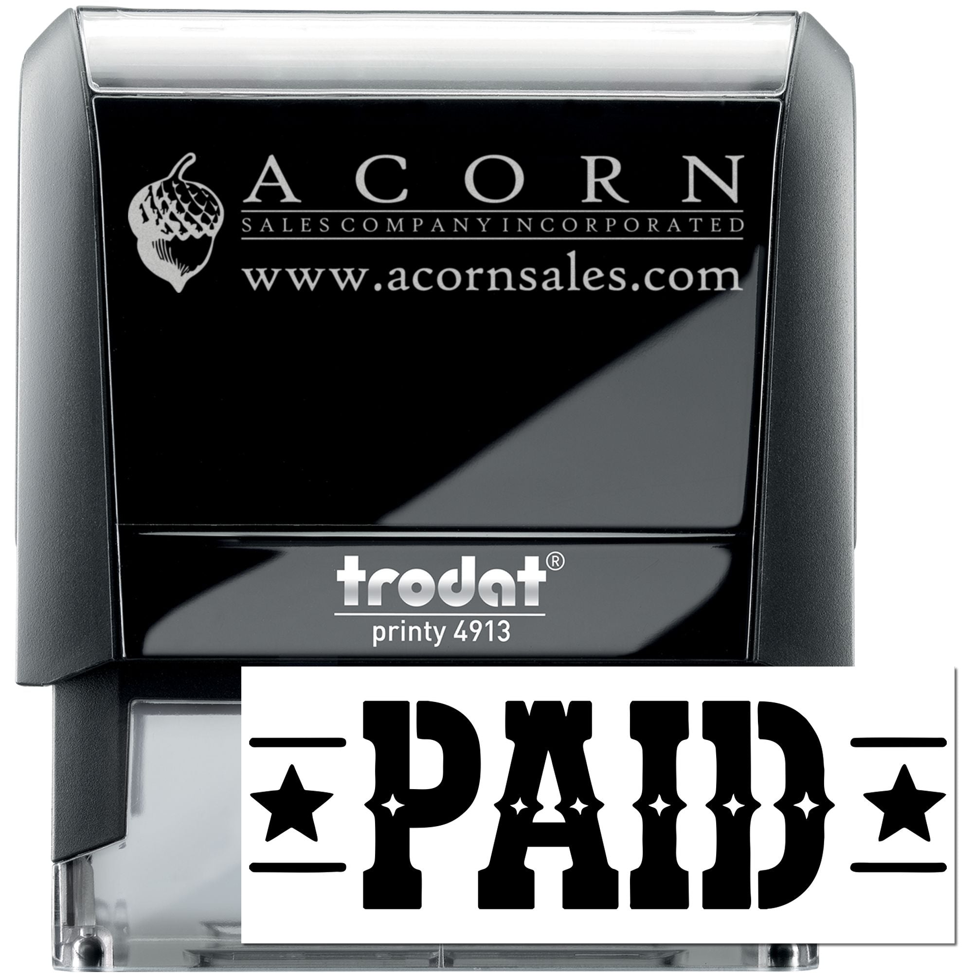 Custom self-inking Trodat rubber stamp for Acorn Sales Company with bold PAID imprint.