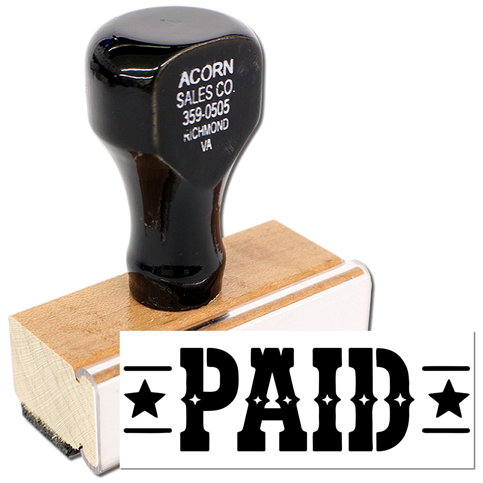 Paid rubber stamp for business invoicing, featuring Acorn Sales Co. handle and bold PAID impression.