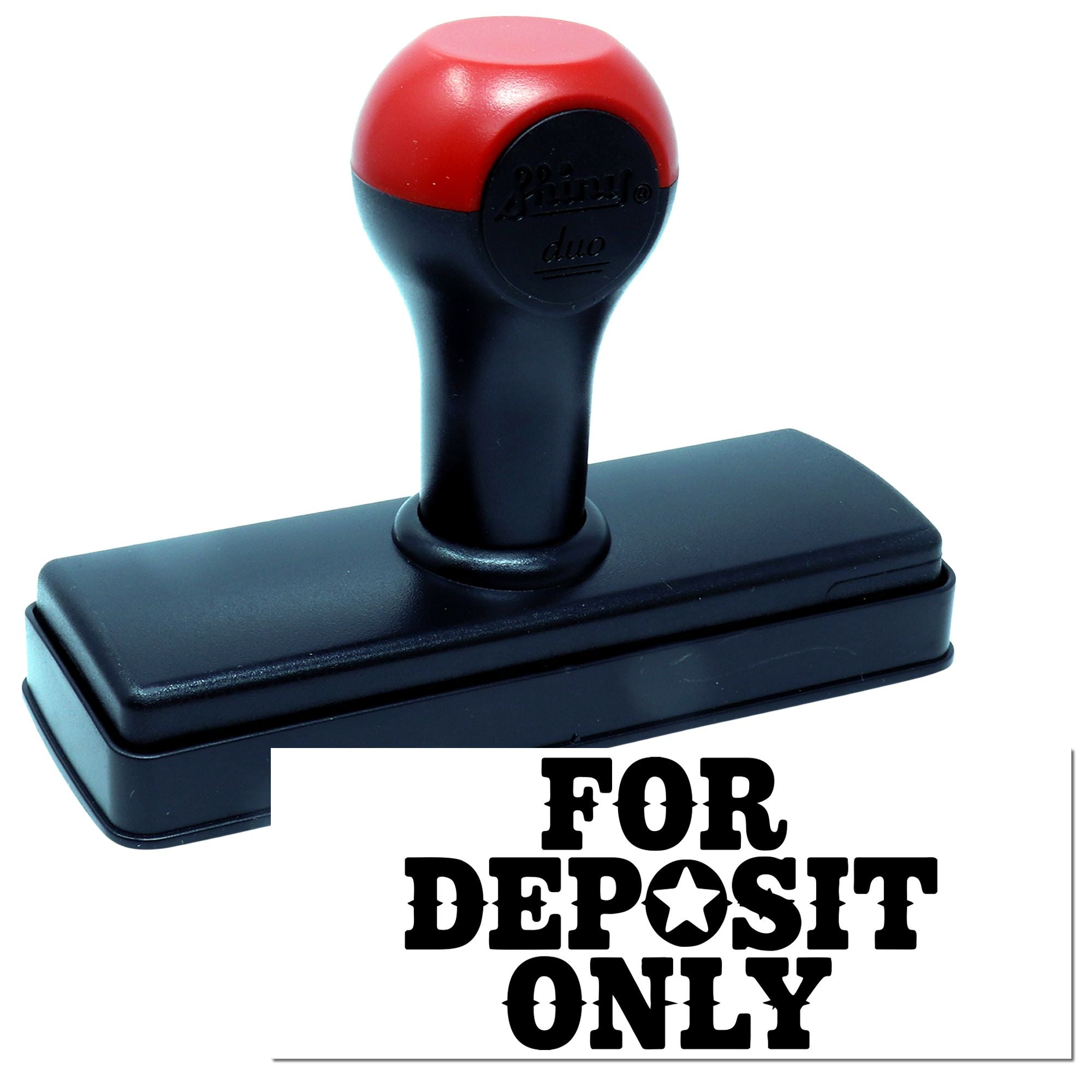 Self-inking rubber stamp for deposit only bank endorsement, ideal for check processing and business deposits.