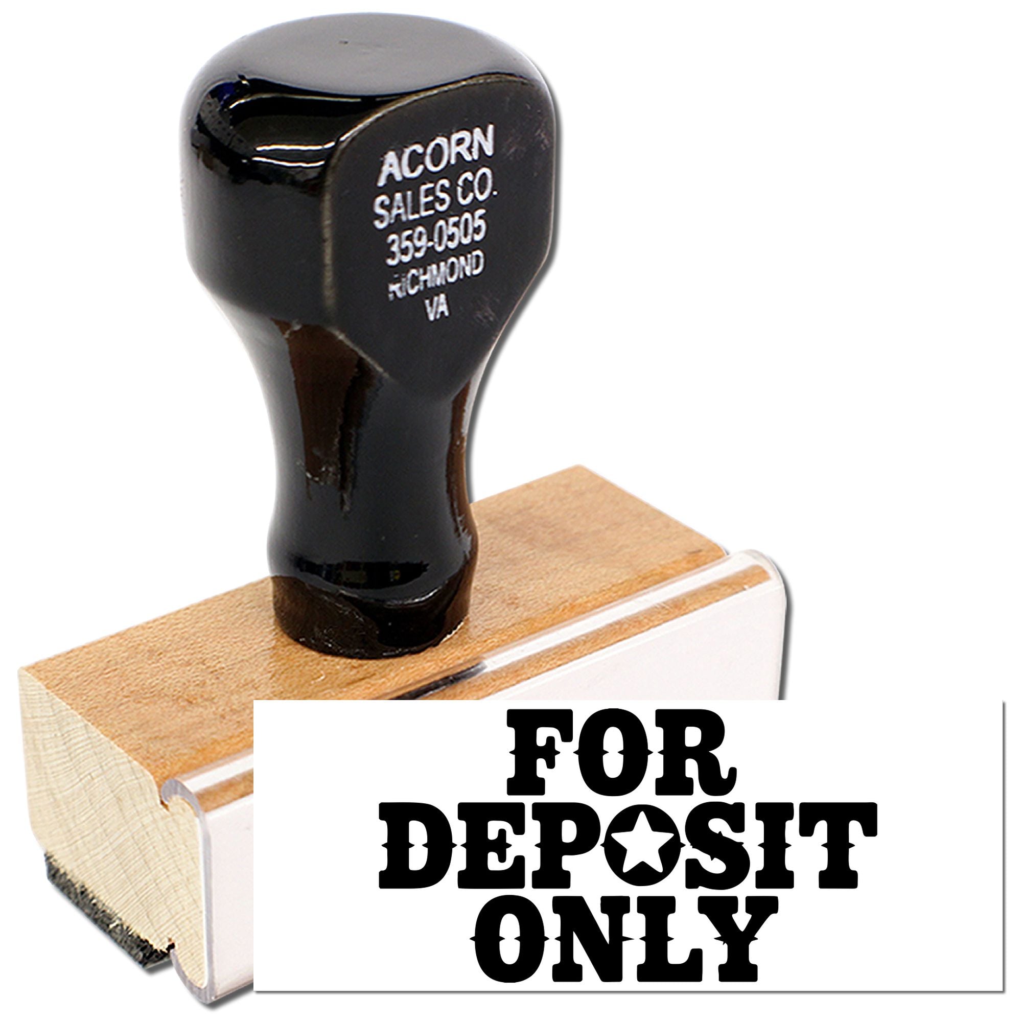 For Deposit Only rubber stamp on wooden handle for endorsing checks and preparing bank deposits.