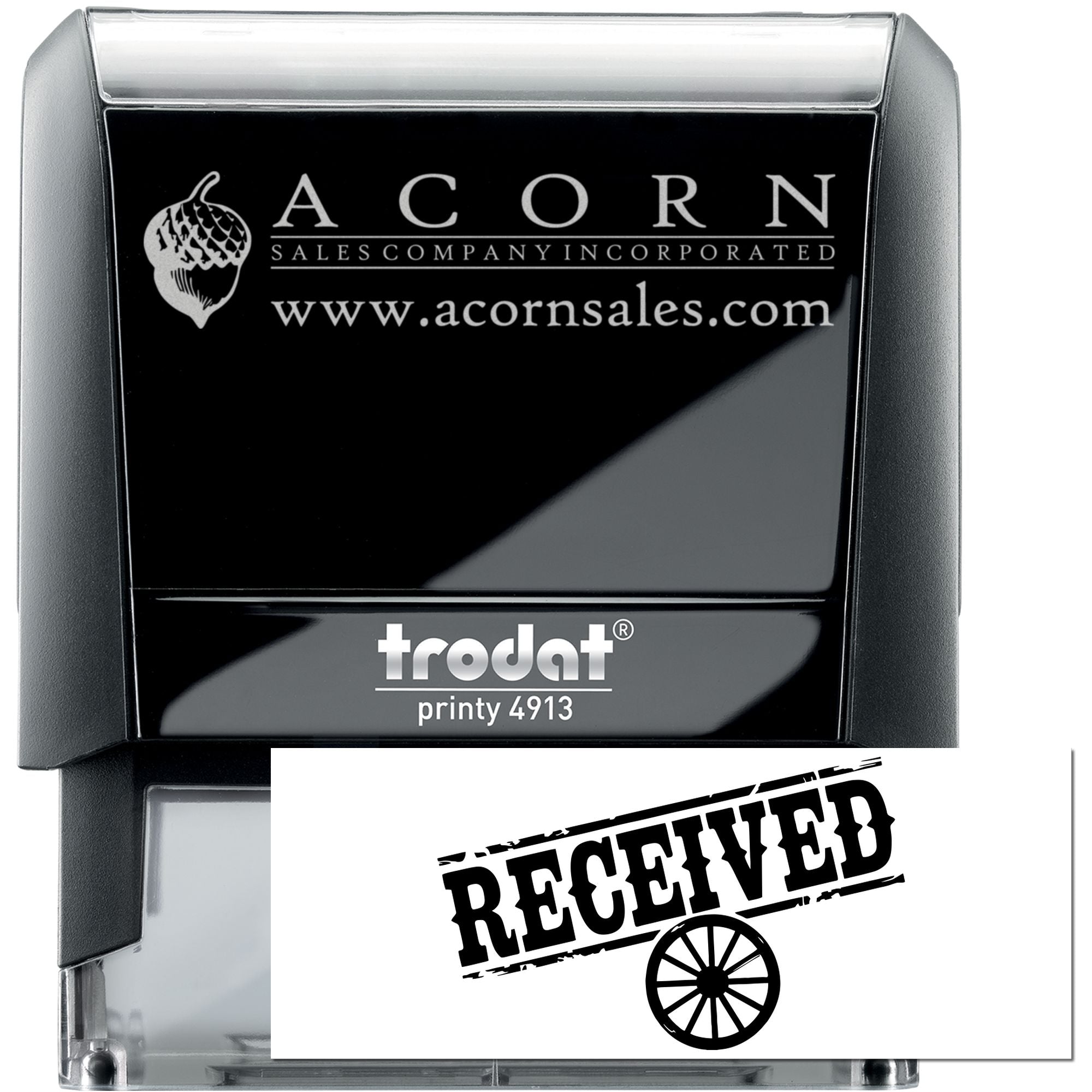Custom self-inking rubber stamp with Acorn Sales logo and Received imprint for business documents.
