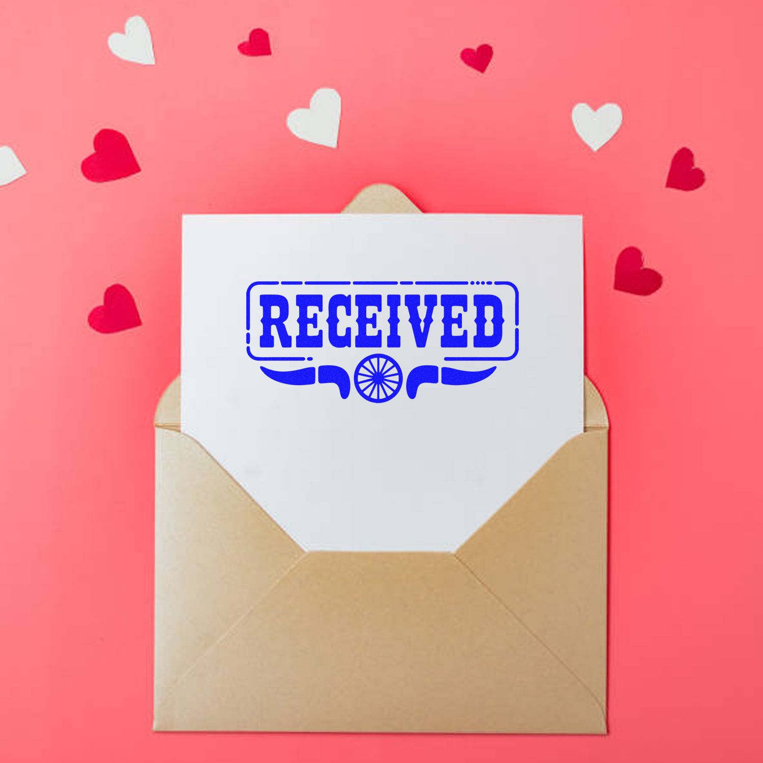 Blue RECEIVED rubber stamp on an envelope, ideal for mail processing, office use, and stationery organization.