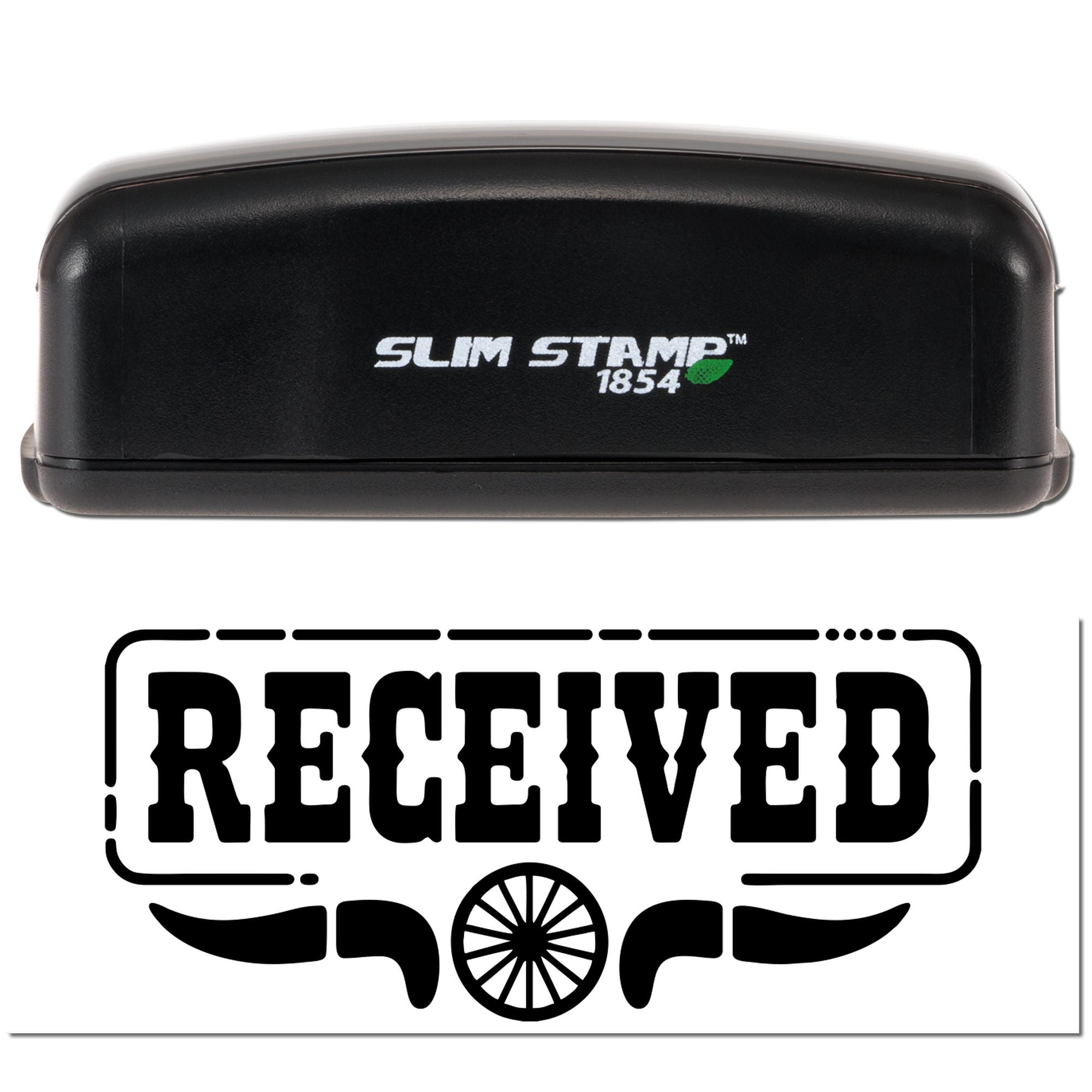 Slim Stamp 1854 self-inking rubber stamp with bold RECEIVED imprint for quick mail, office, or document processing.