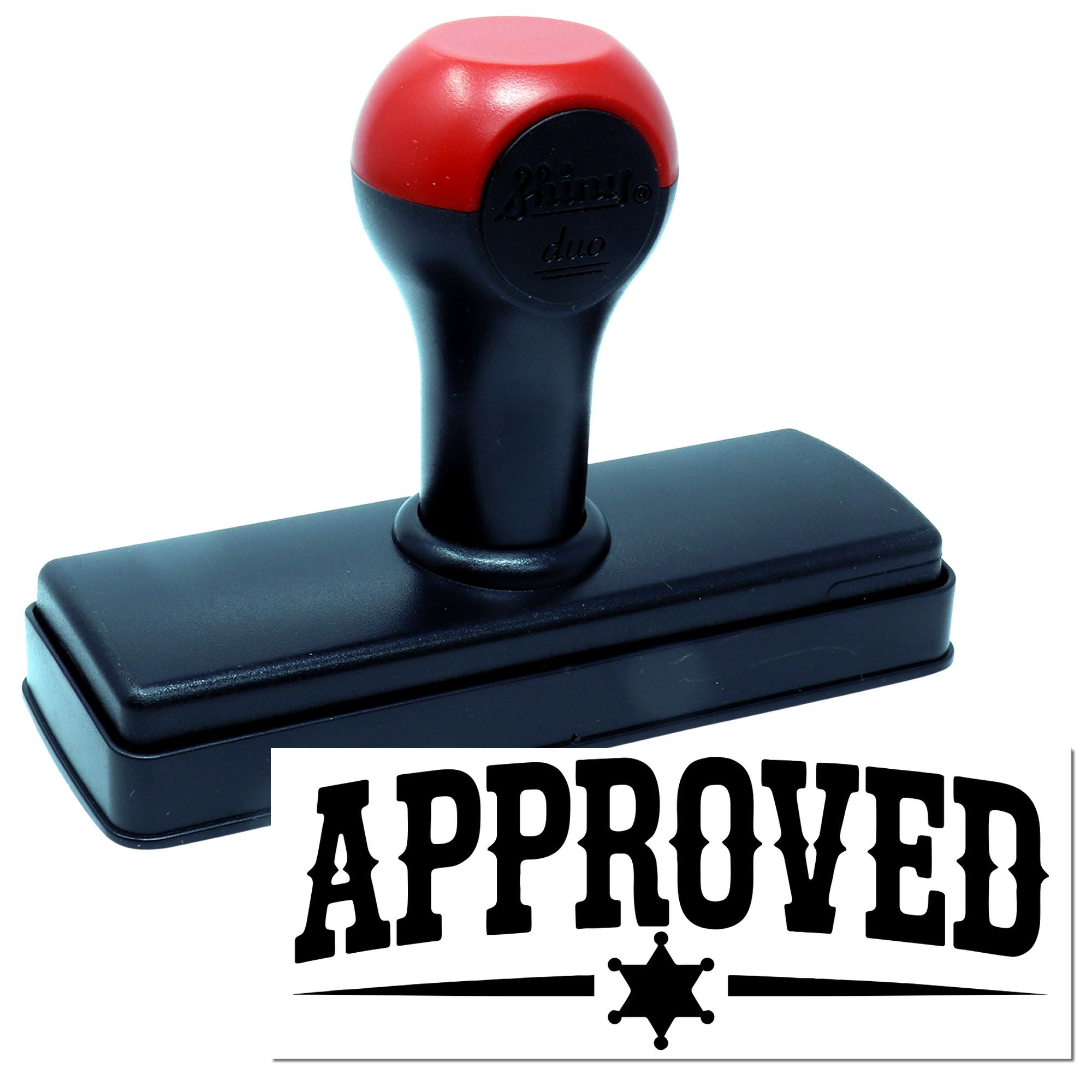 Approved self-inking rubber stamp with bold APPROVED imprint for office paperwork, document approval, and business use.