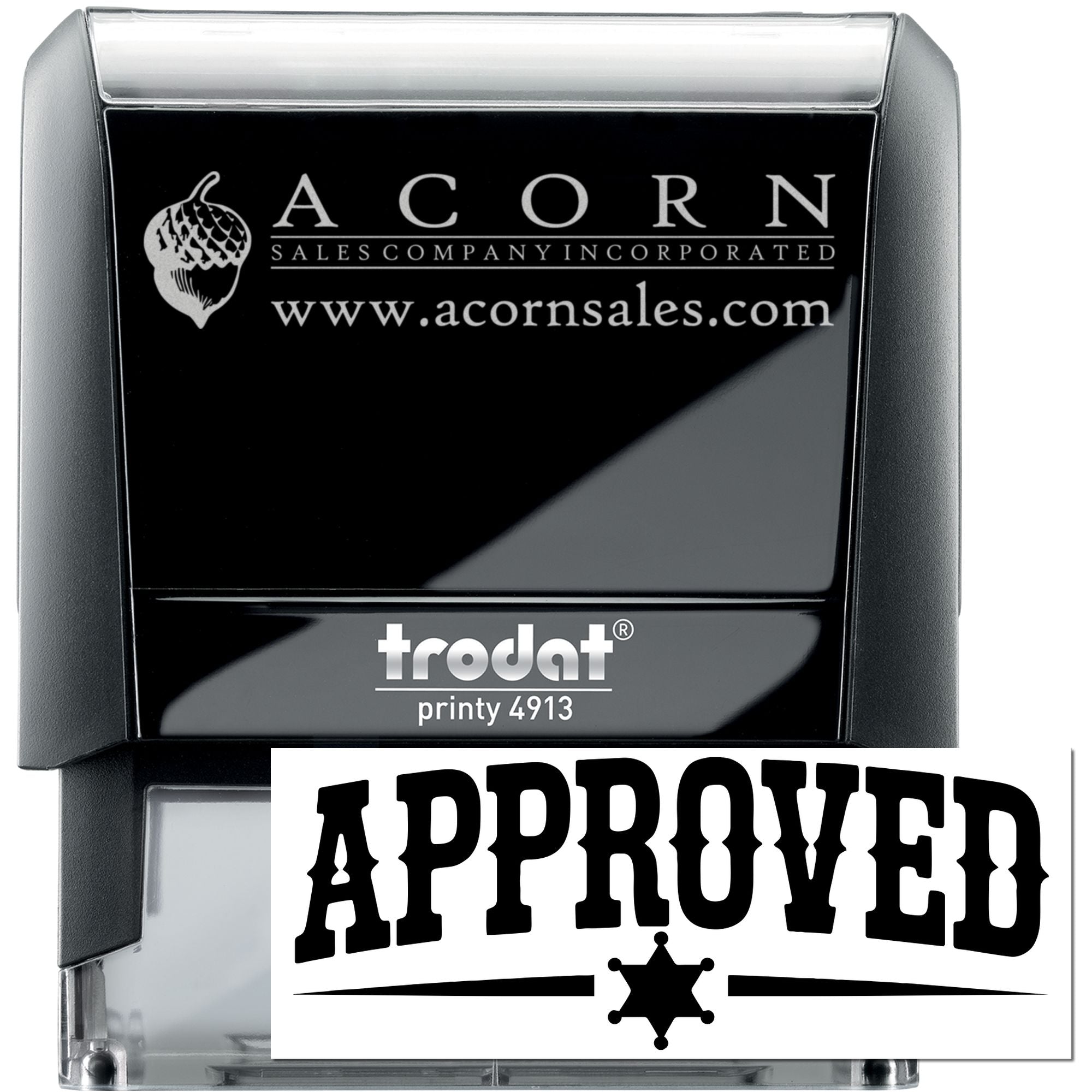 Custom self-inking rubber stamp with APPROVED imprint for business document approval and office paperwork.