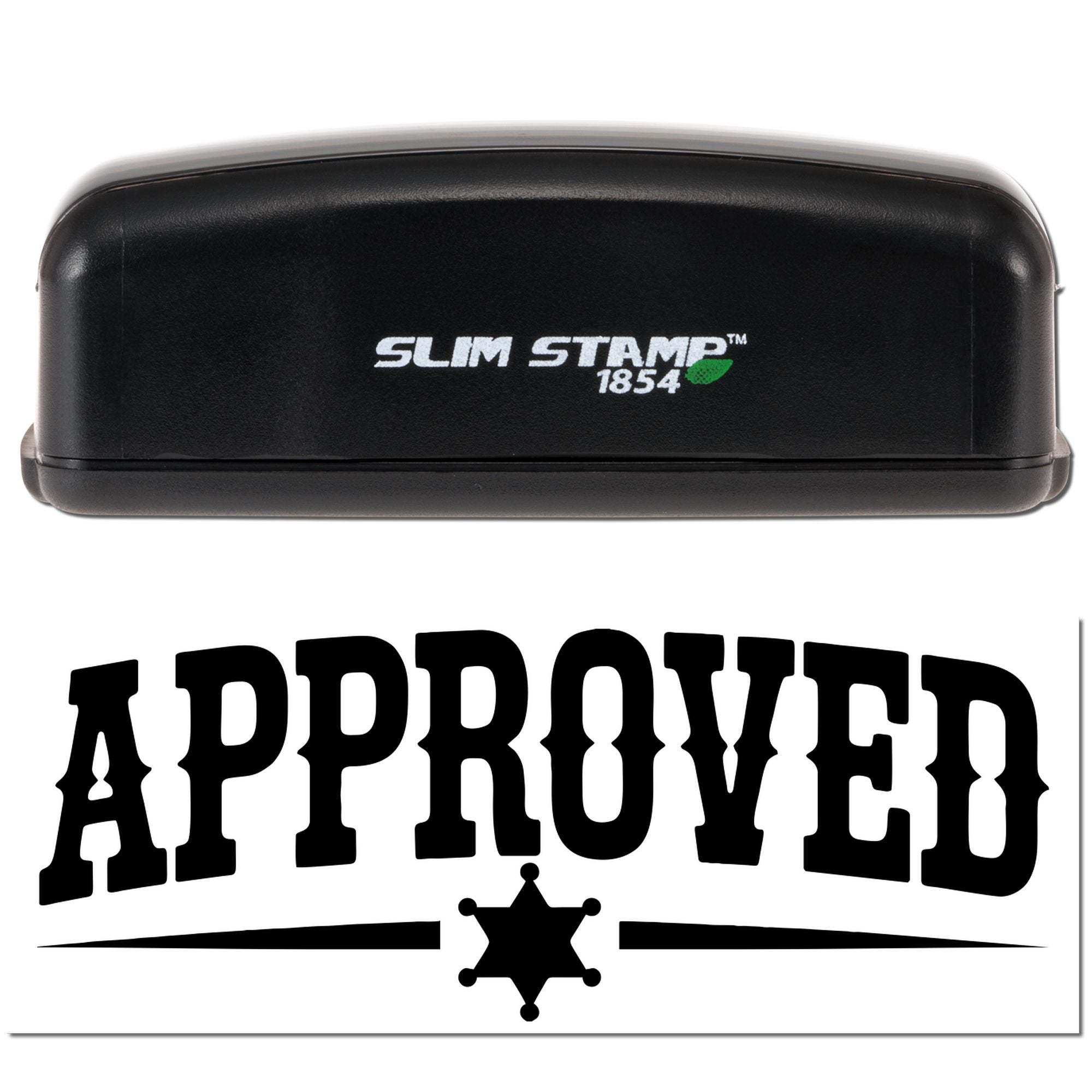 Slim Stamp 1854 self-inking rubber stamp with Approved imprint, ideal for quick document approval in offices and businesses