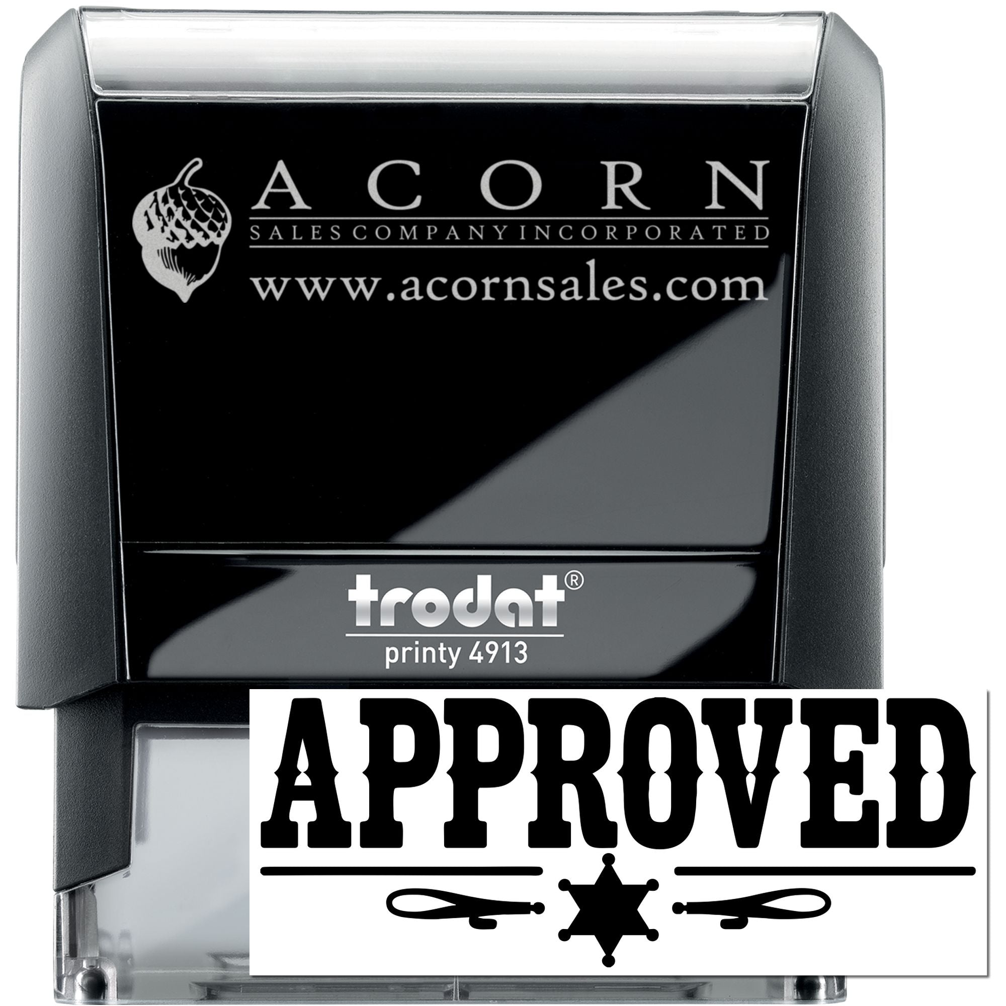 Custom self-inking rubber stamp for Acorn Sales Company Incorporated with Approved imprint and website.