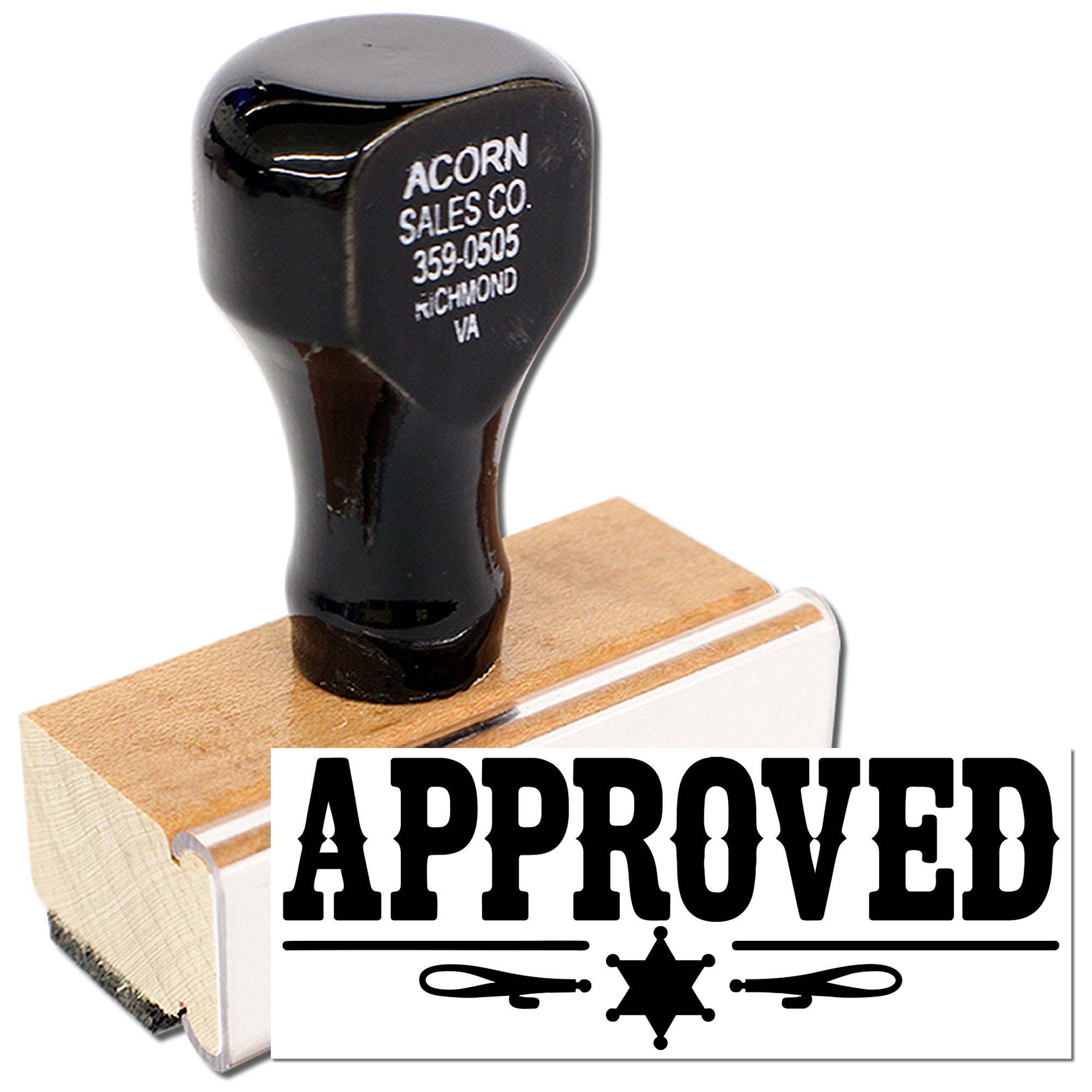 Approved rubber stamp with wood handle for marking documents, invoices, and forms with a bold approval imprint.