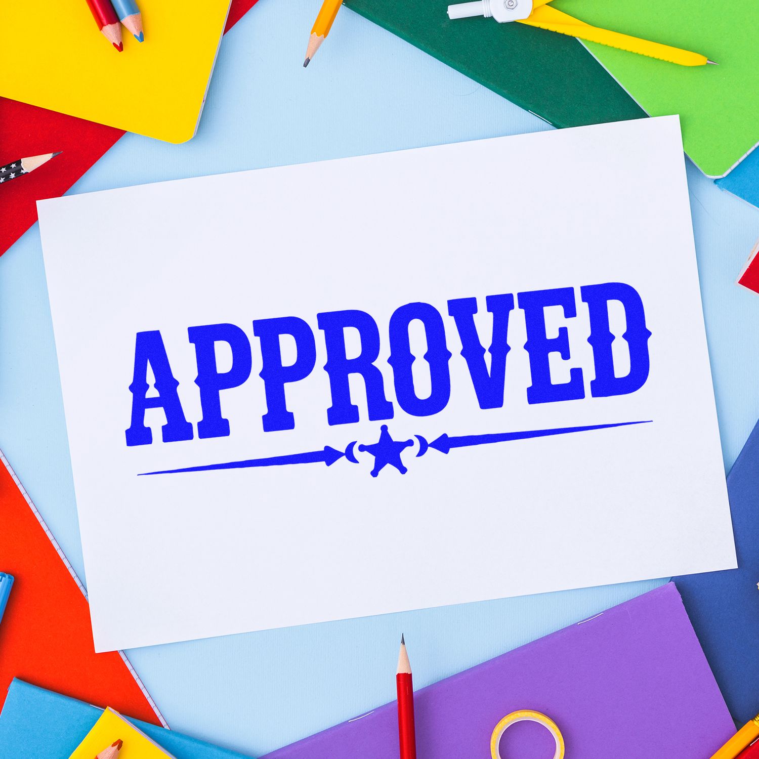 Approved rubber stamp impression on paper with colorful stationery, ideal for office approval and custom business stamps.