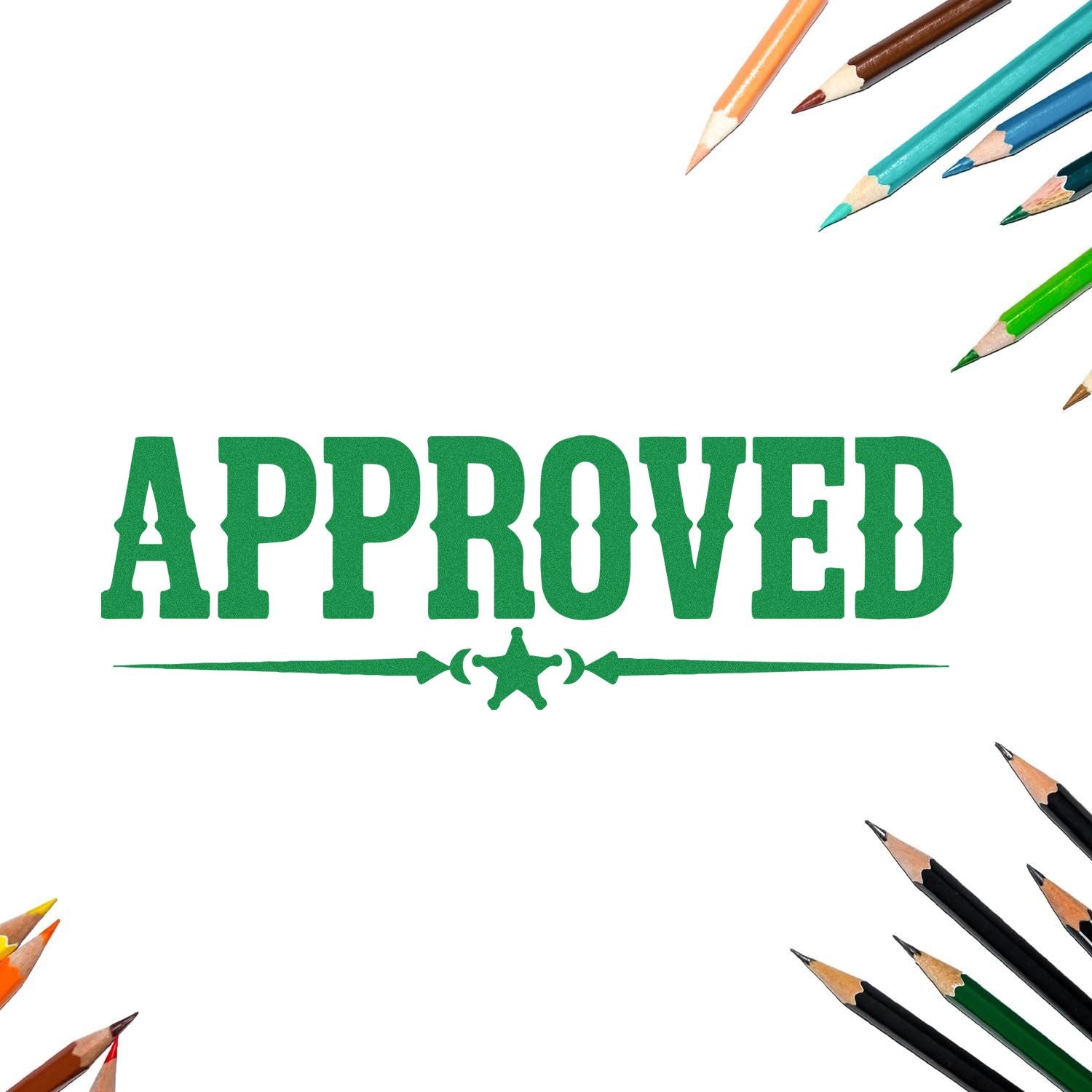 Approved rubber stamp design with pencils, perfect for school, office, and grading documents.