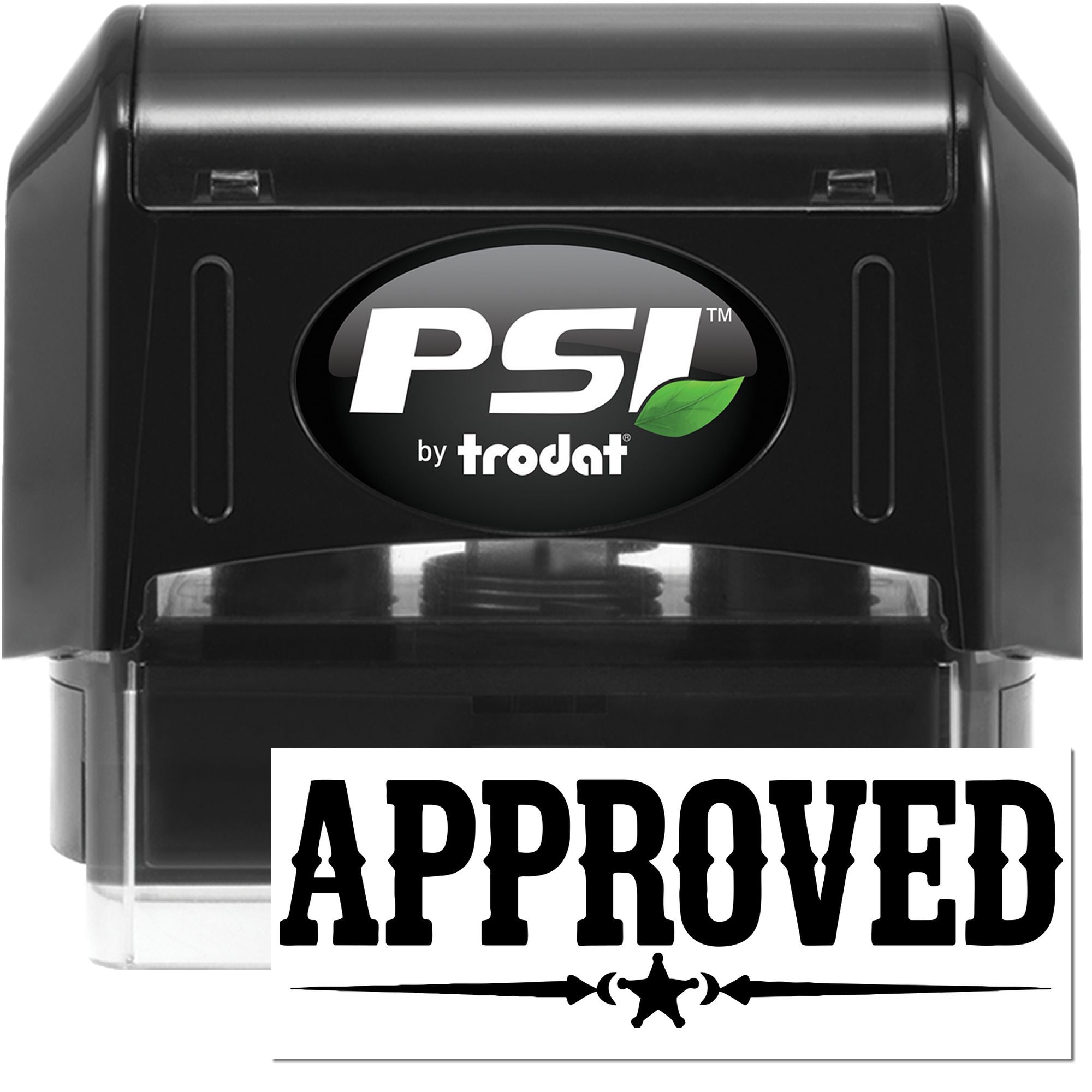 Black PSI by Trodat self-inking rubber stamp with Approved imprint for office or business use