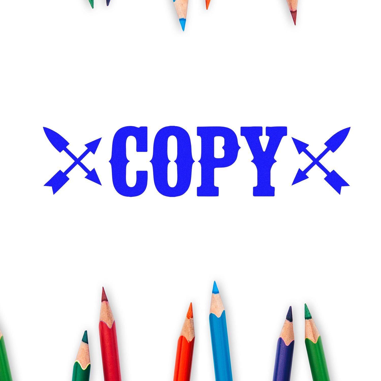 Blue COPY rubber stamp design with crossed arrows for marking duplicate documents and office paperwork.