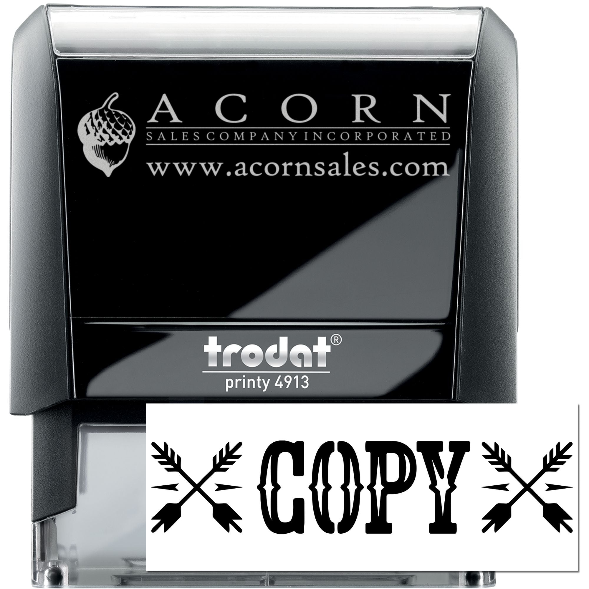 Custom Trodat Printy 4913 self-inking rubber stamp with Acorn Sales Company logo and COPY imprint sample.