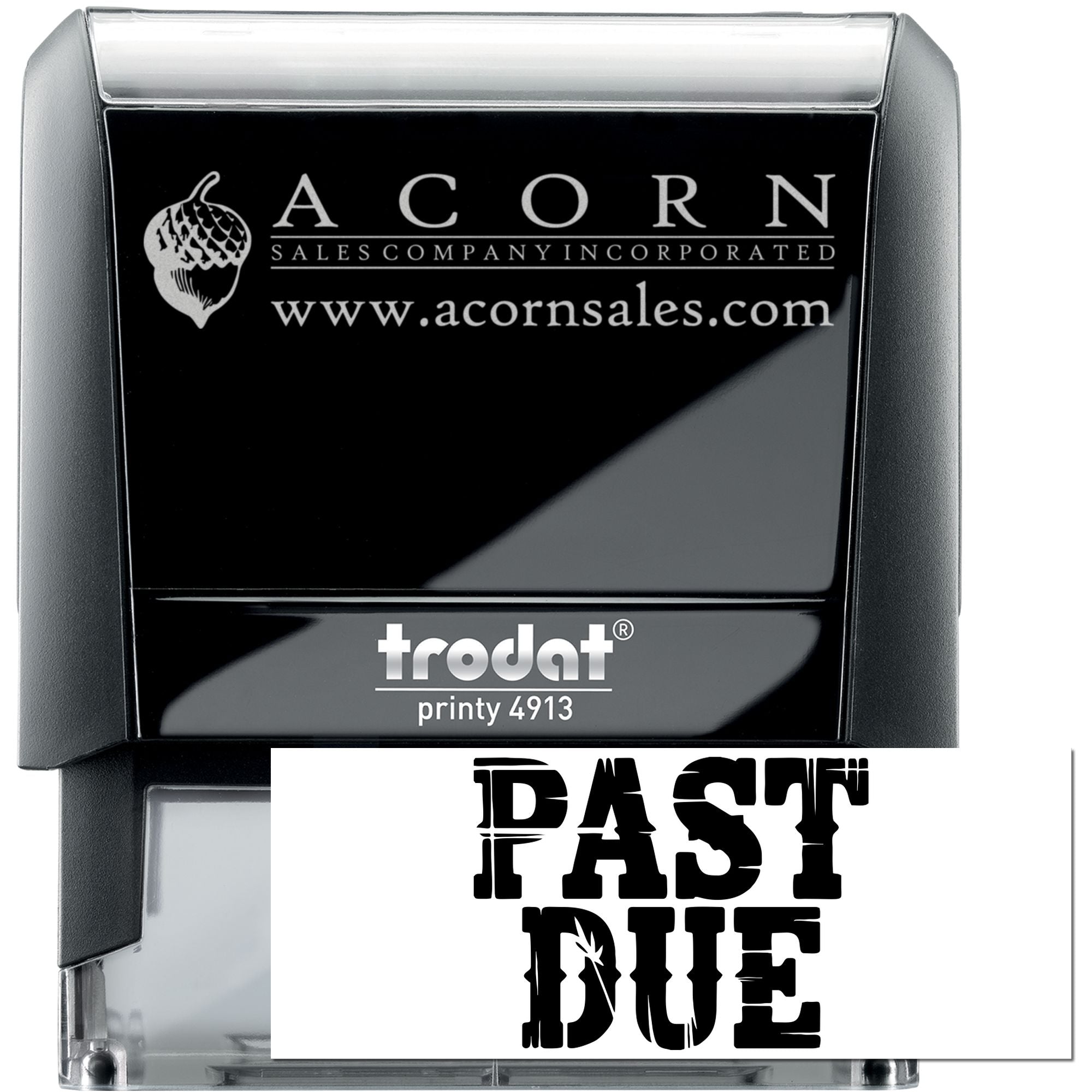 Custom Trodat Printy 4913 self-inking rubber stamp for past due invoices with Acorn Sales logo and website.