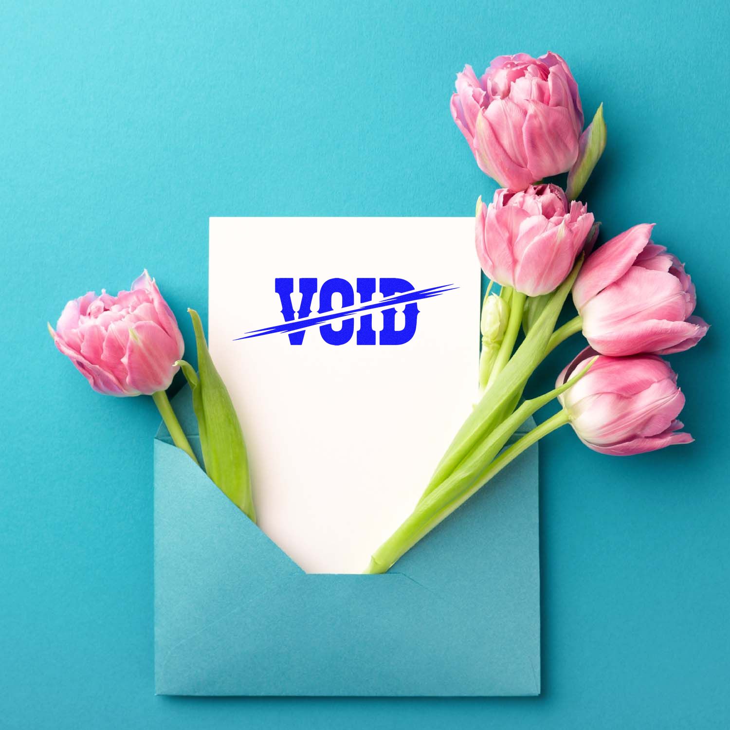 VOID rubber stamp on a card in an envelope with pink tulips, ideal for marking mail, forms, and documents.